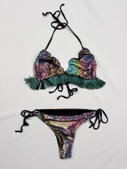 2000s Metallic Peacock Print Fringe Bikini Set - S