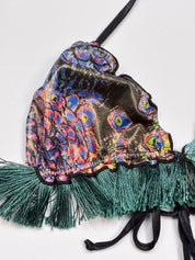 2000s Metallic Peacock Print Fringe Bikini Set - S