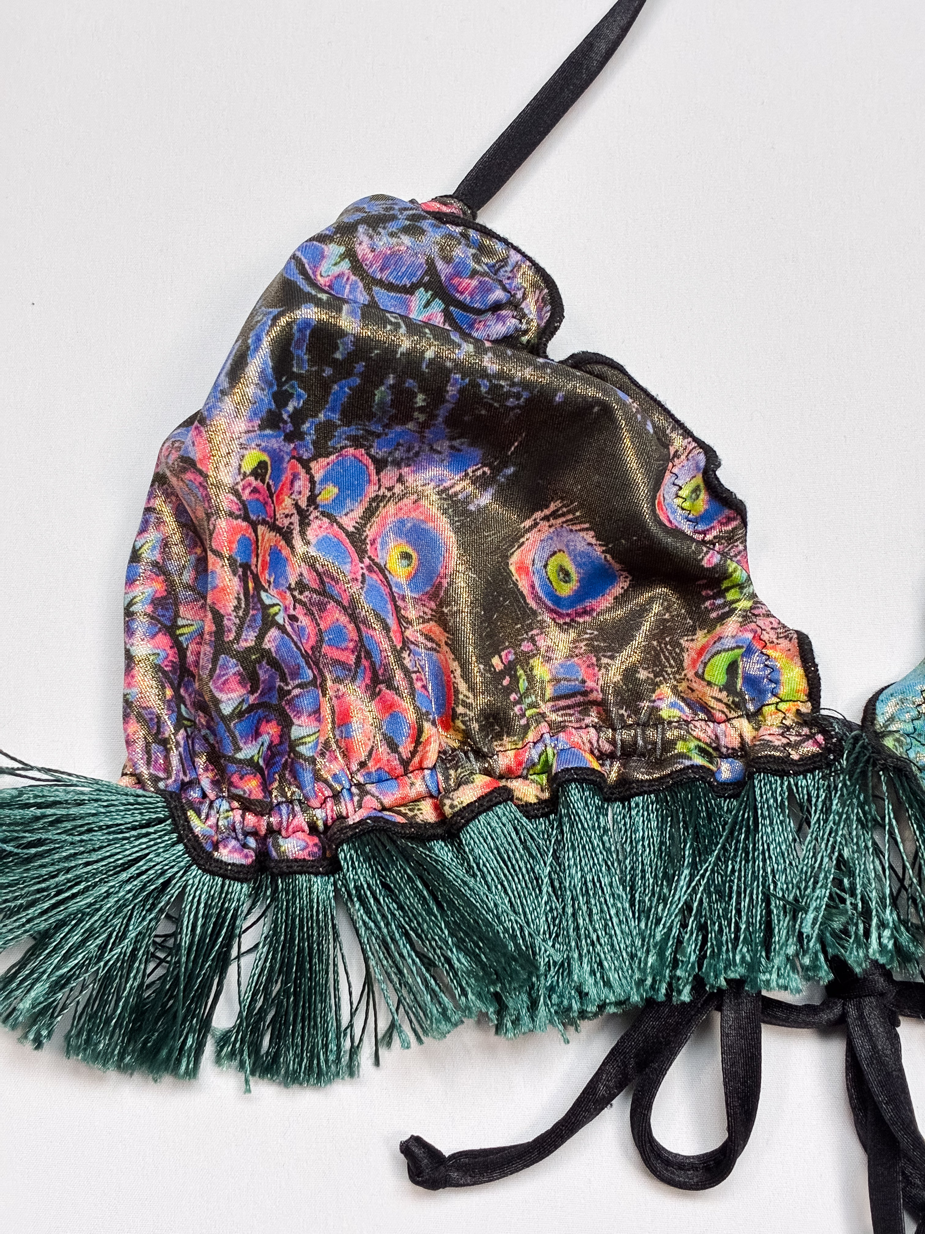 2000s Metallic Peacock Print Fringe Bikini Set - S