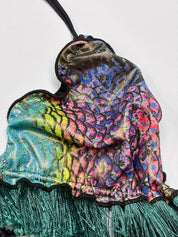 2000s Metallic Peacock Print Fringe Bikini Set - S