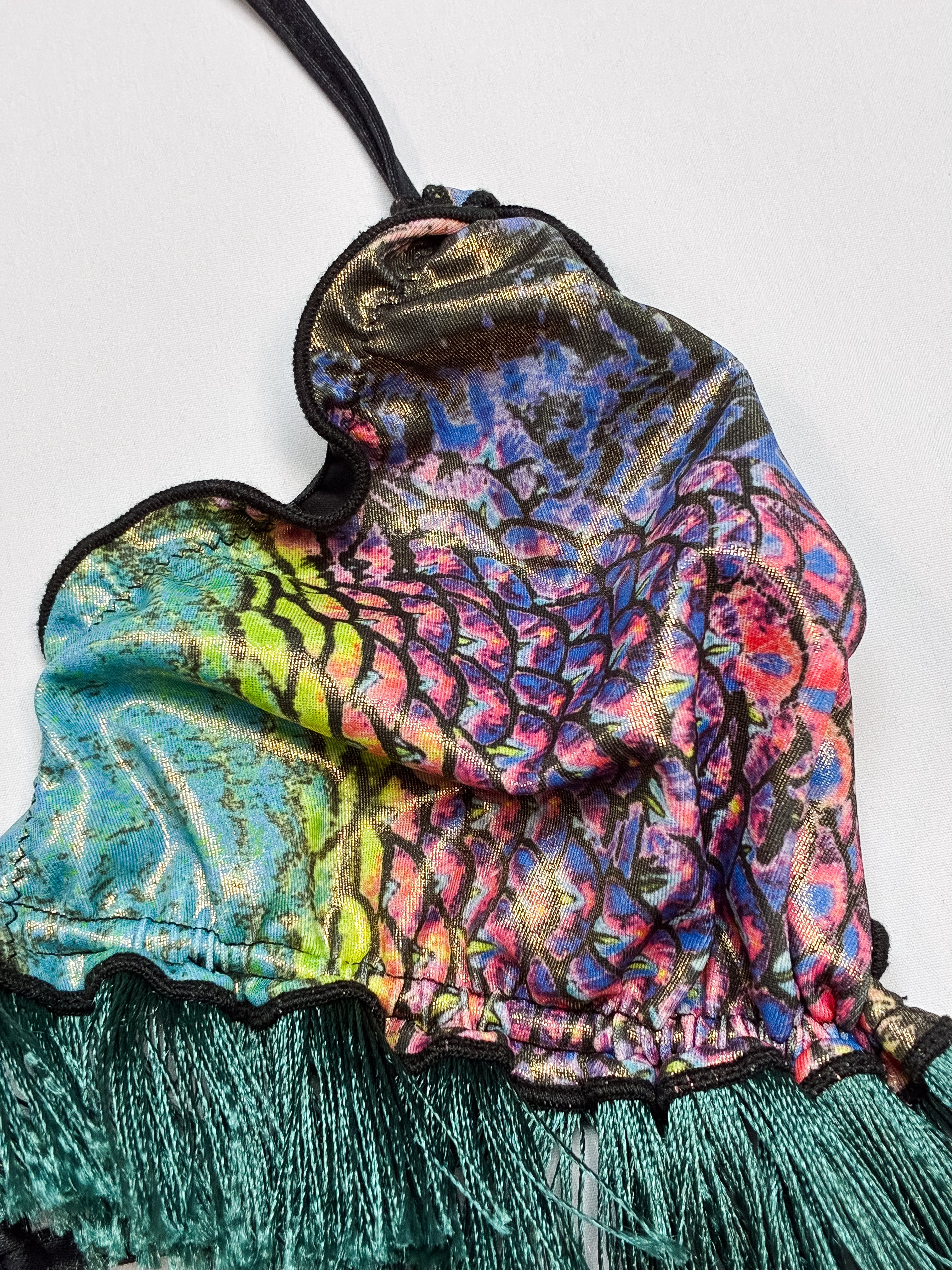 2000s Metallic Peacock Print Fringe Bikini Set - S
