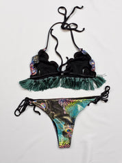 2000s Metallic Peacock Print Fringe Bikini Set - S