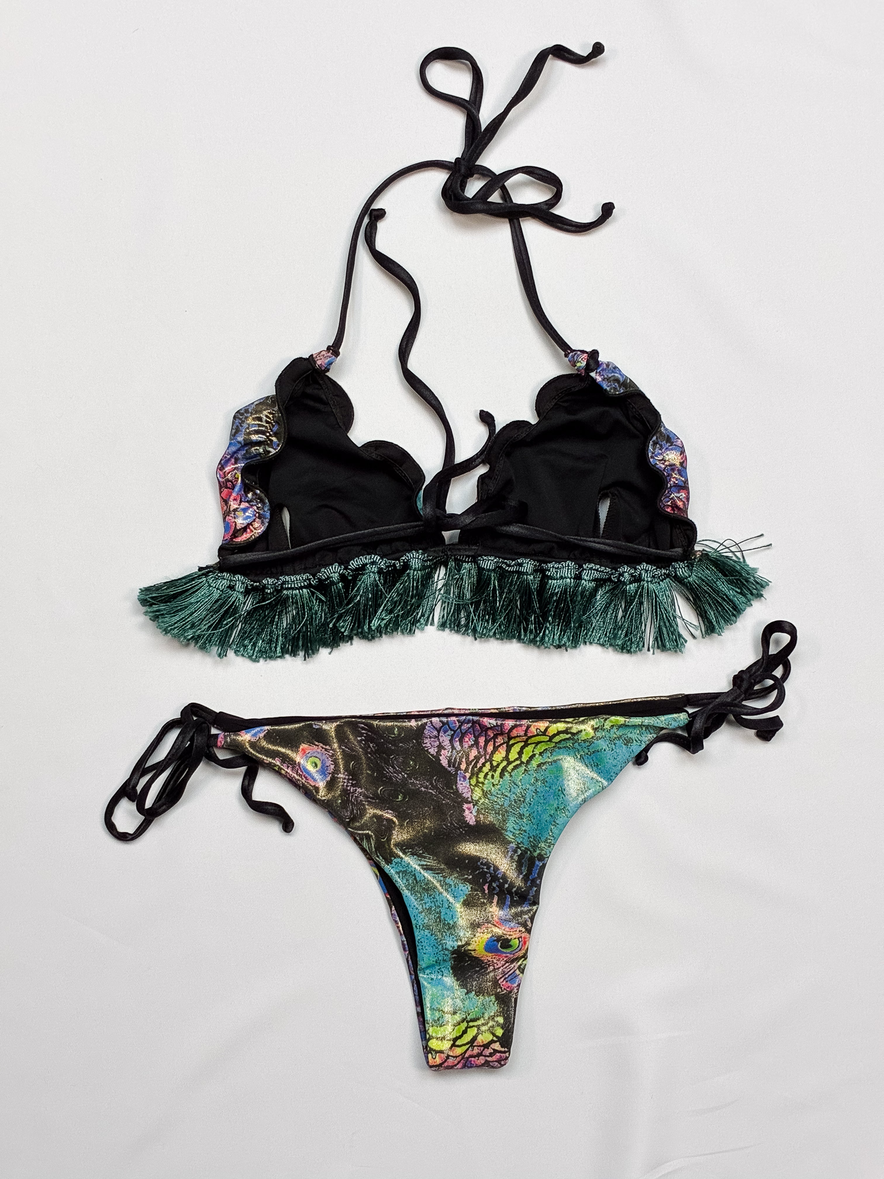 2000s Metallic Peacock Print Fringe Bikini Set - S