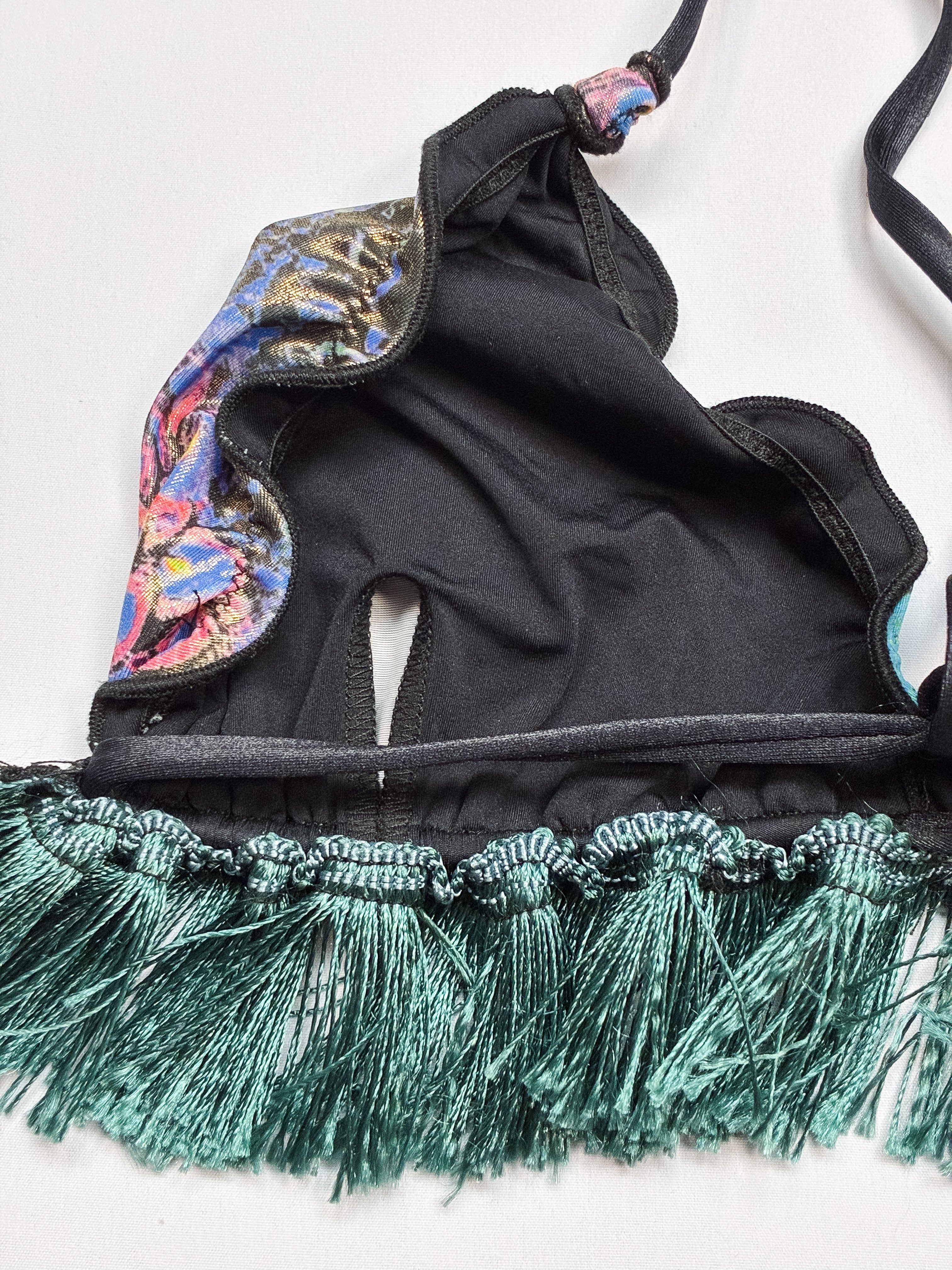 2000s Metallic Peacock Print Fringe Bikini Set - S