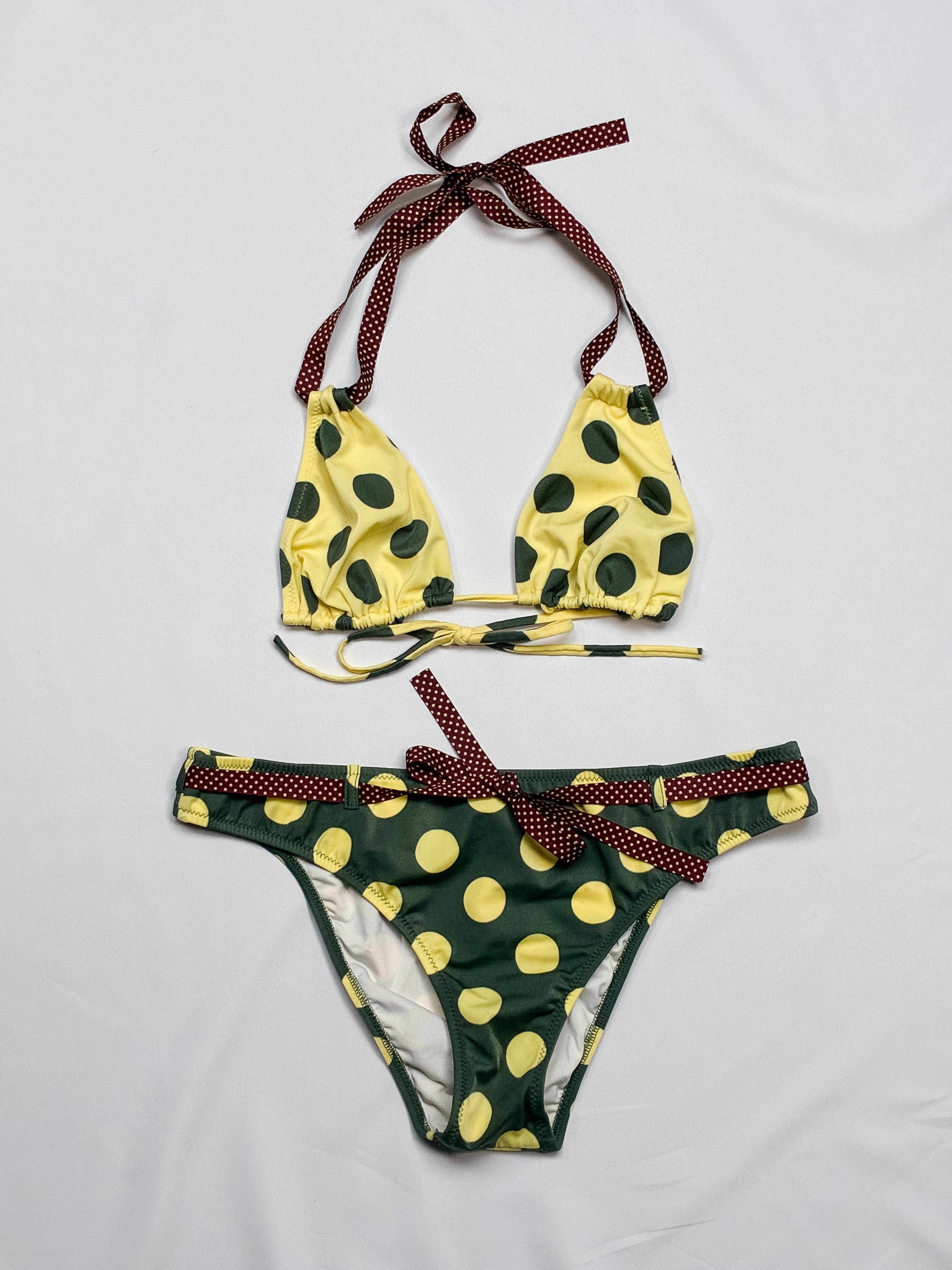 2000s Green and Yellow Polka Dot Triangle Bikini Set - S
