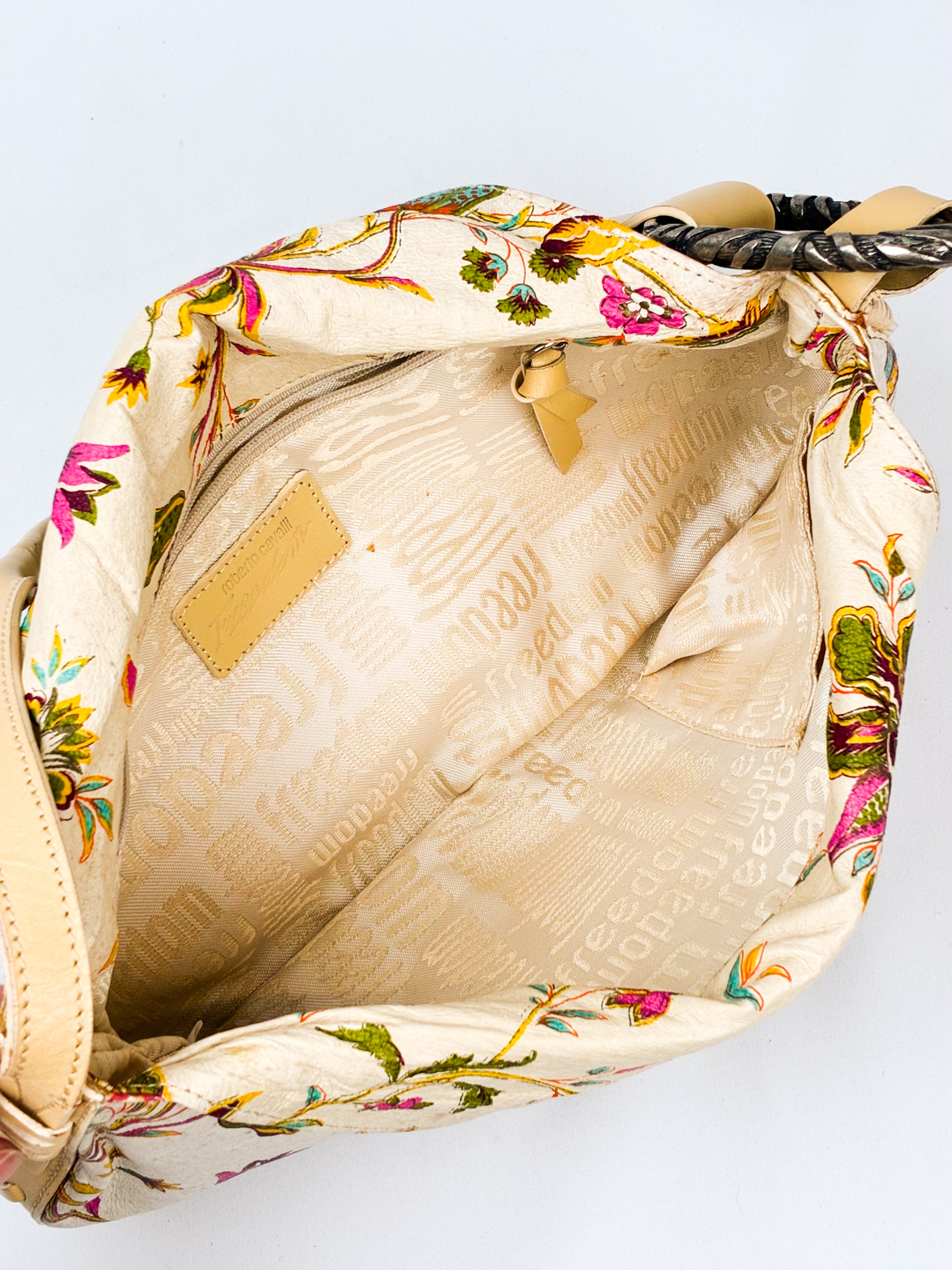 Roberto Cavalli Freedom 2000s Cream Floral Canvas Shoulder Bag