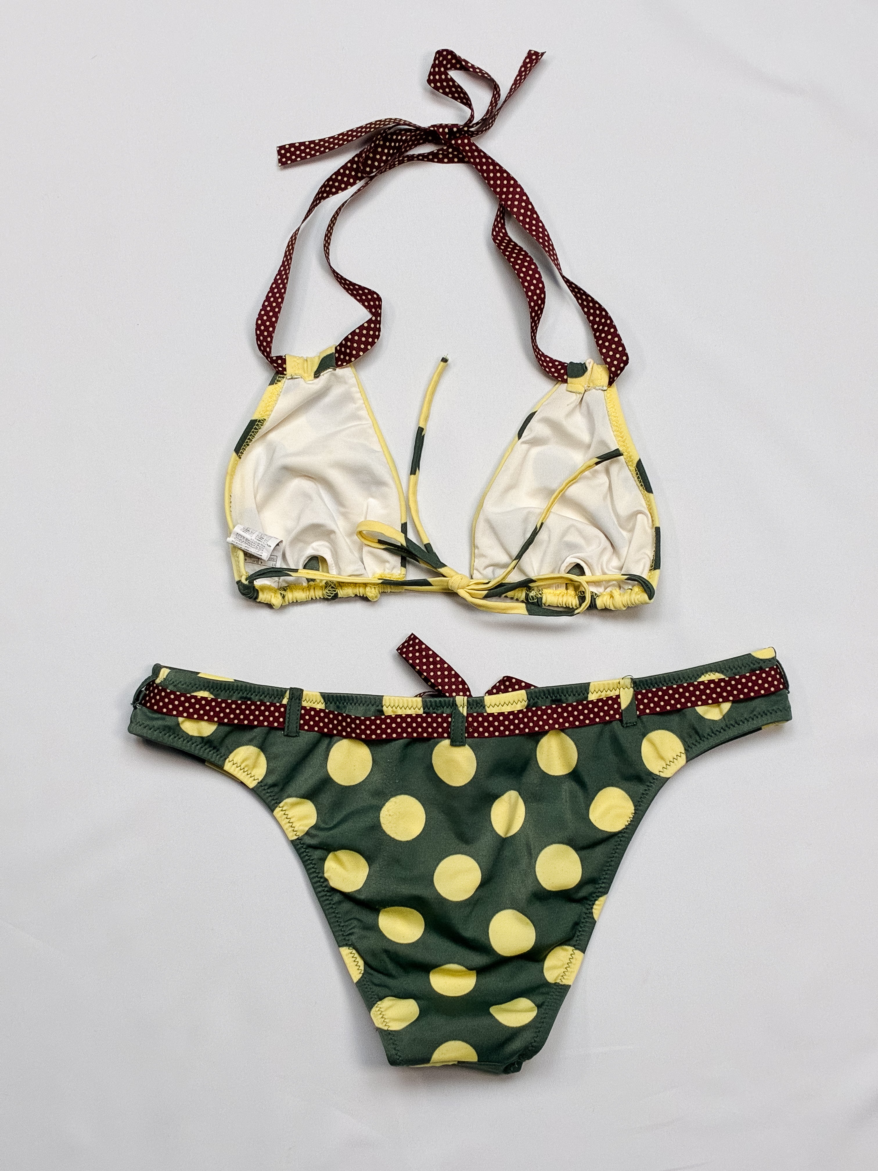 2000s Green and Yellow Polka Dot Triangle Bikini Set - S