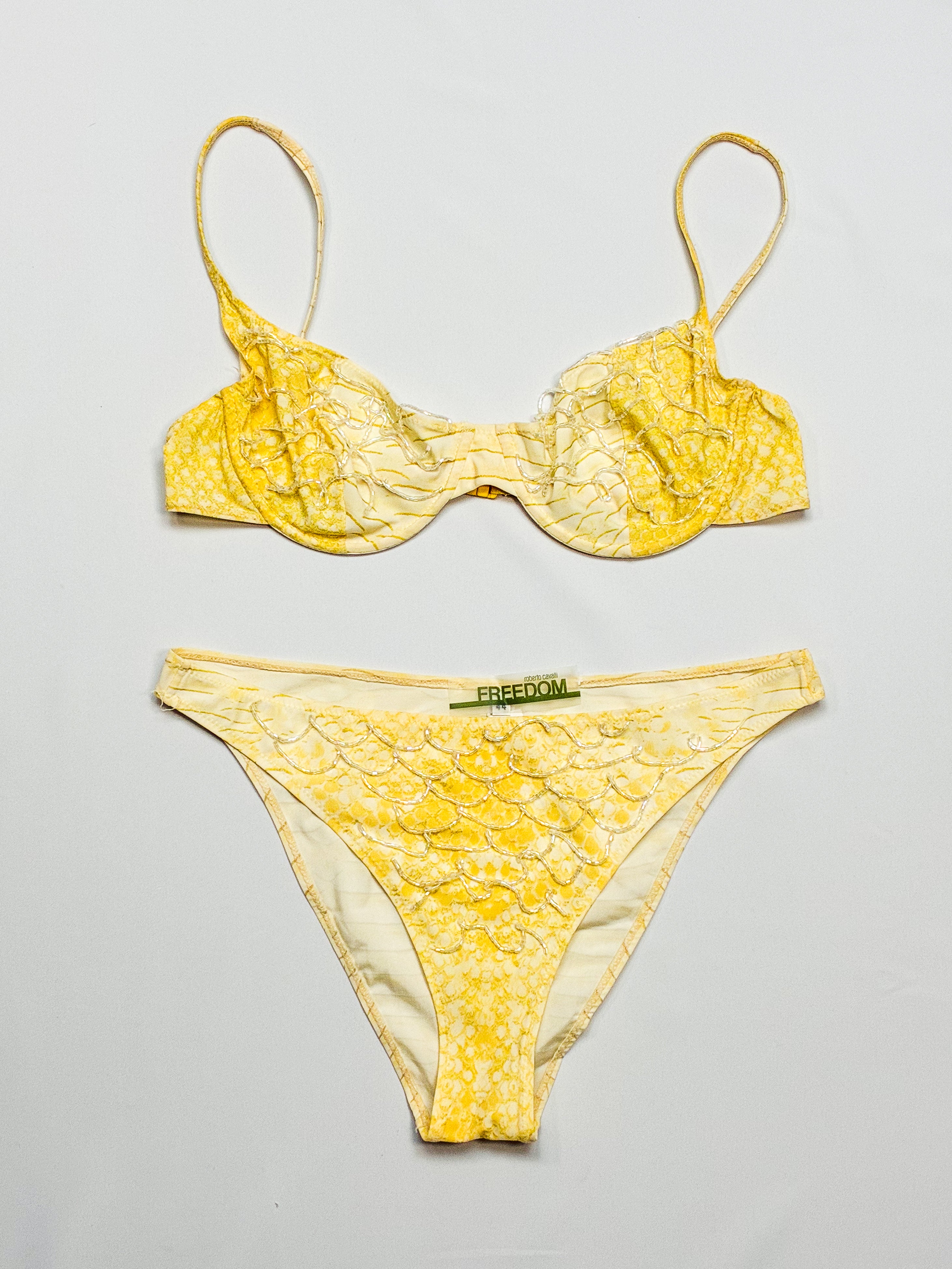 Roberto Cavalli Freedom 2000s Yellow Snakeskin Beaded Bikini Set - S Top / L Bottoms