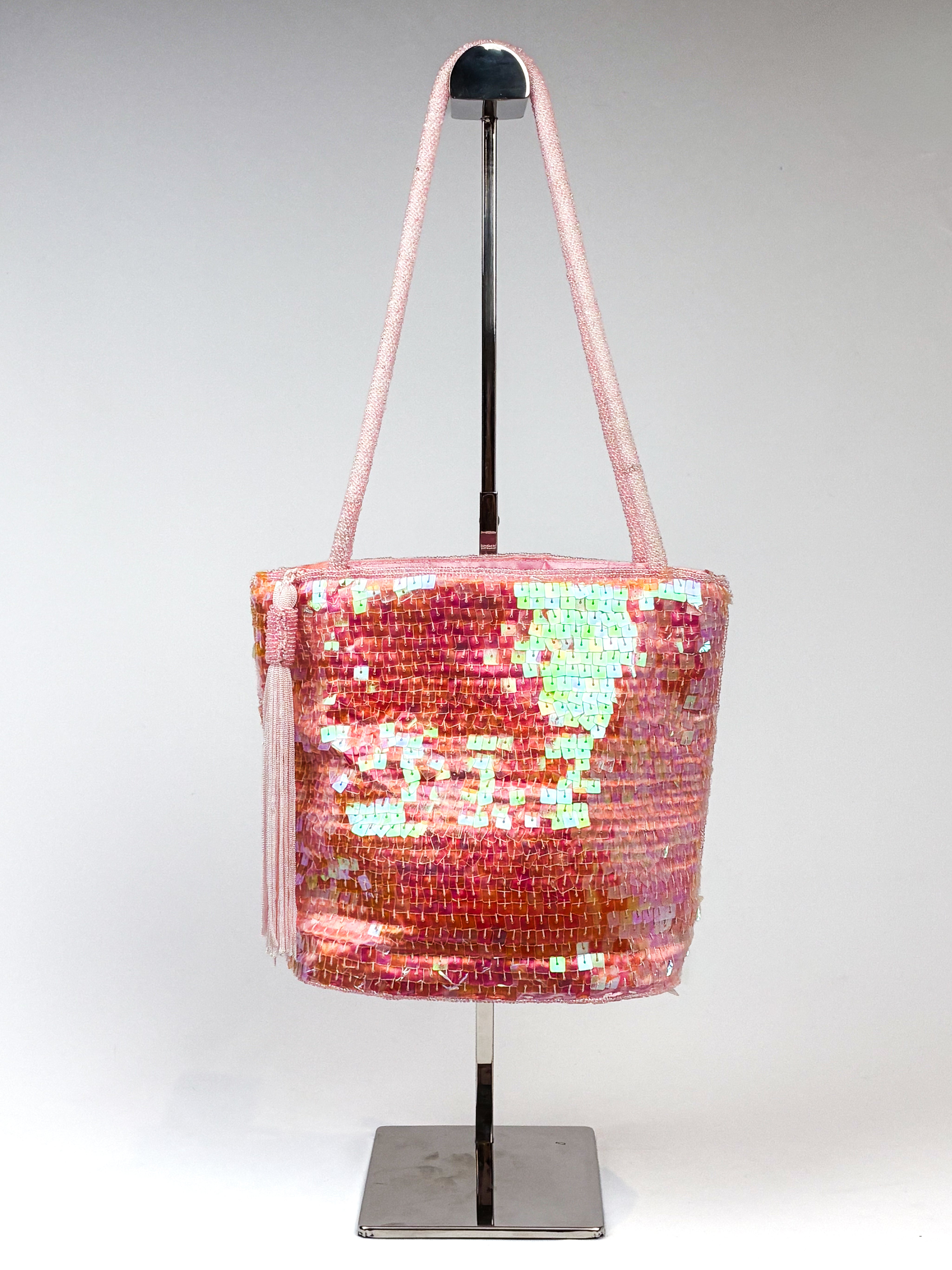 2000s Pink Iridescent Sequin Tassel Bucket Bag