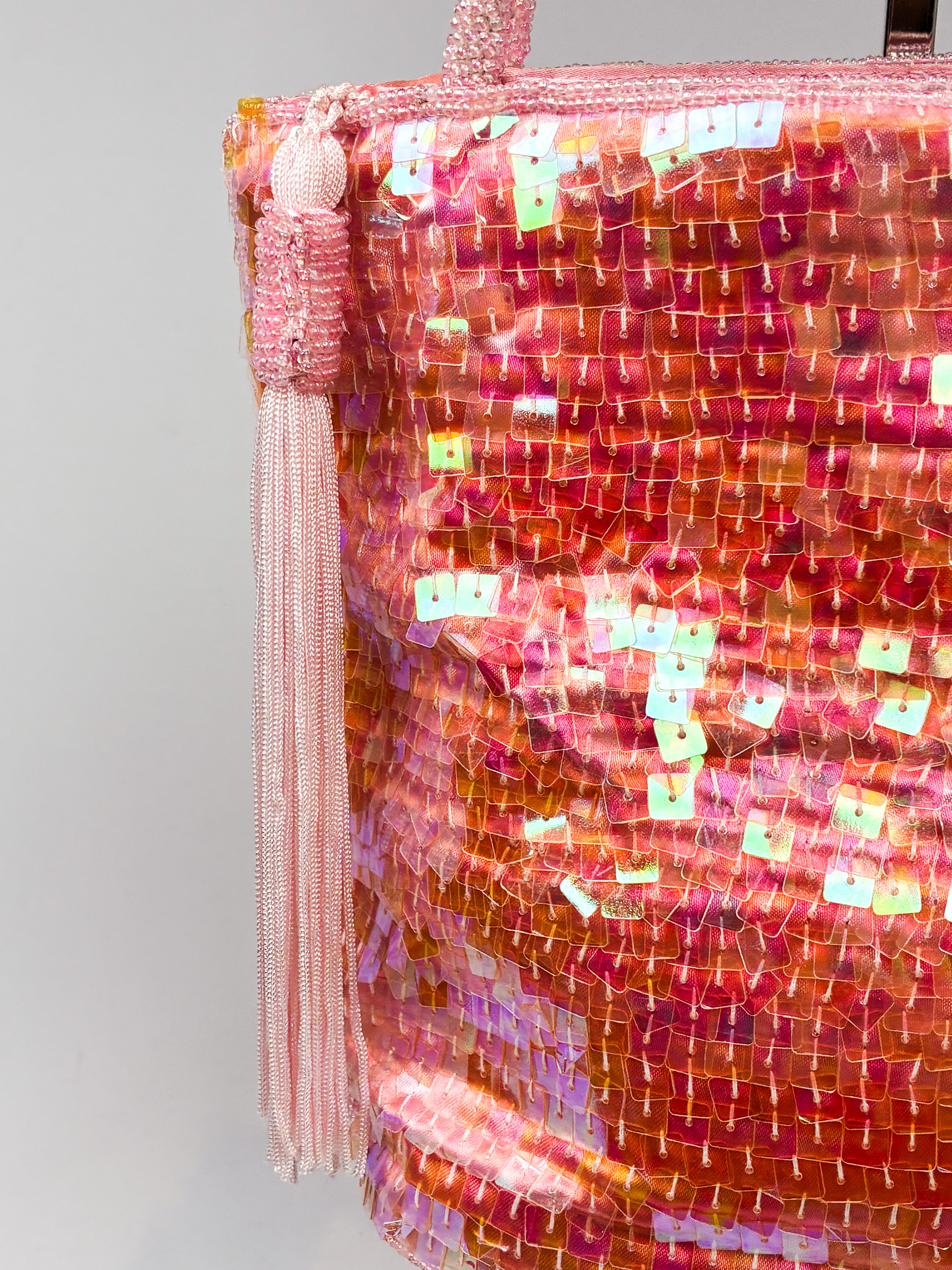 2000s Pink Iridescent Sequin Tassel Bucket Bag