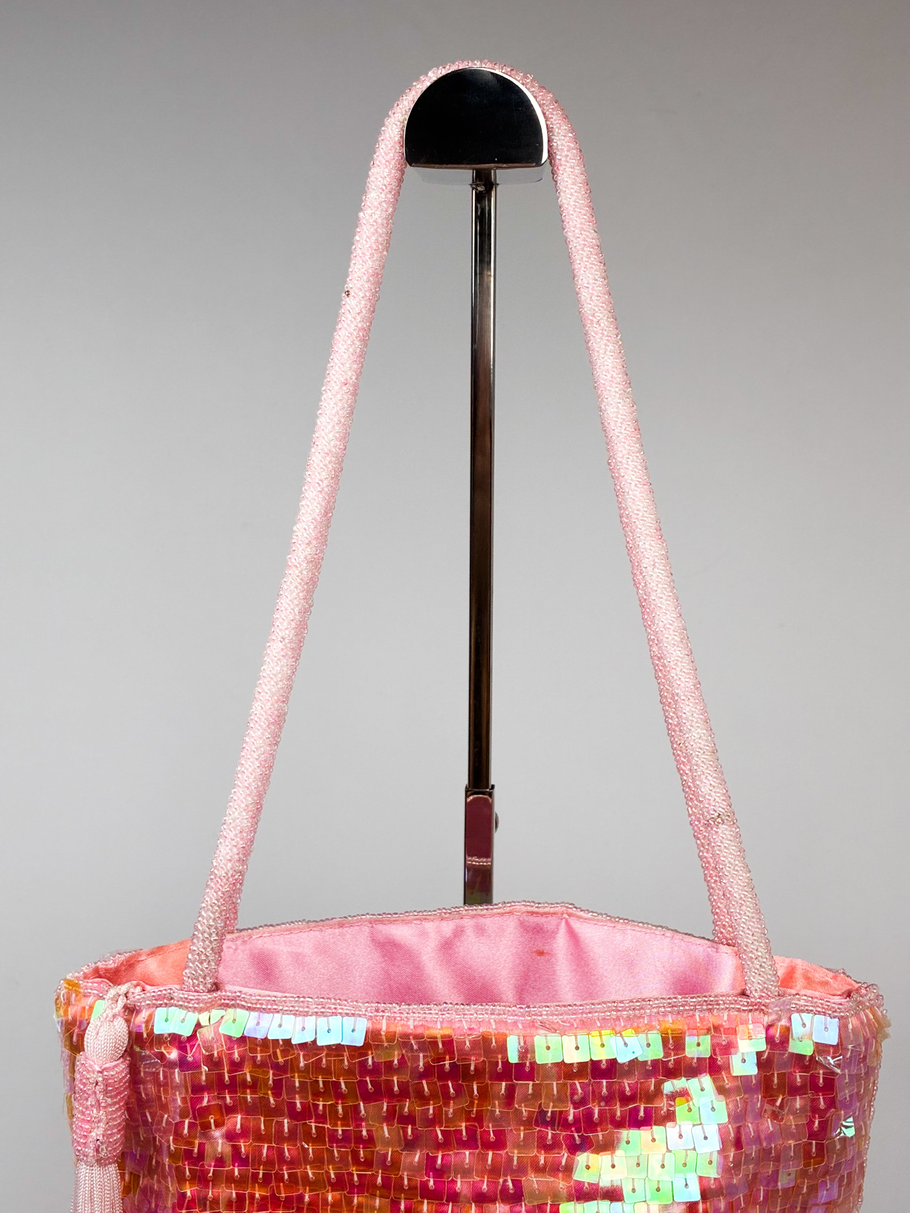 2000s Pink Iridescent Sequin Tassel Bucket Bag