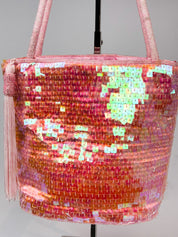 2000s Pink Iridescent Sequin Tassel Bucket Bag
