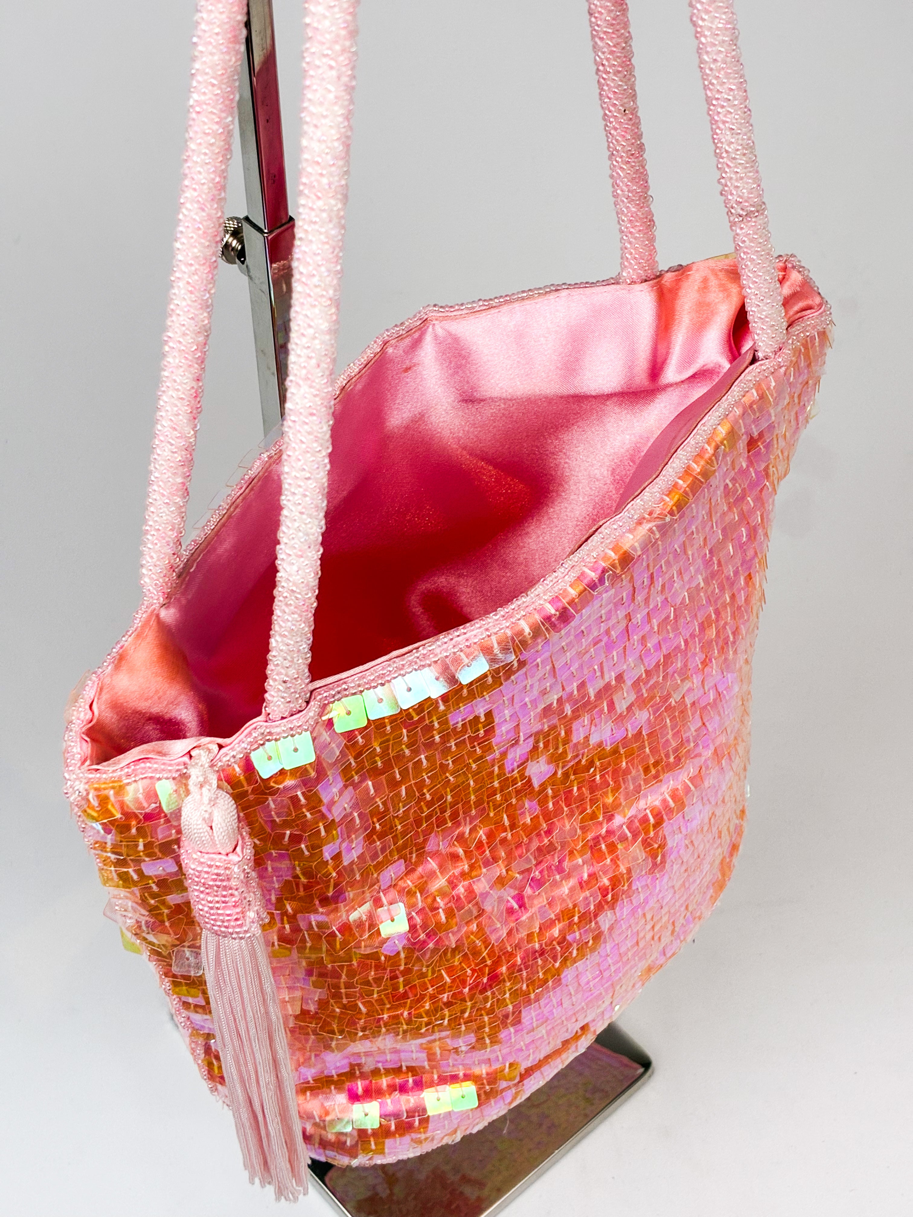 2000s Pink Iridescent Sequin Tassel Bucket Bag
