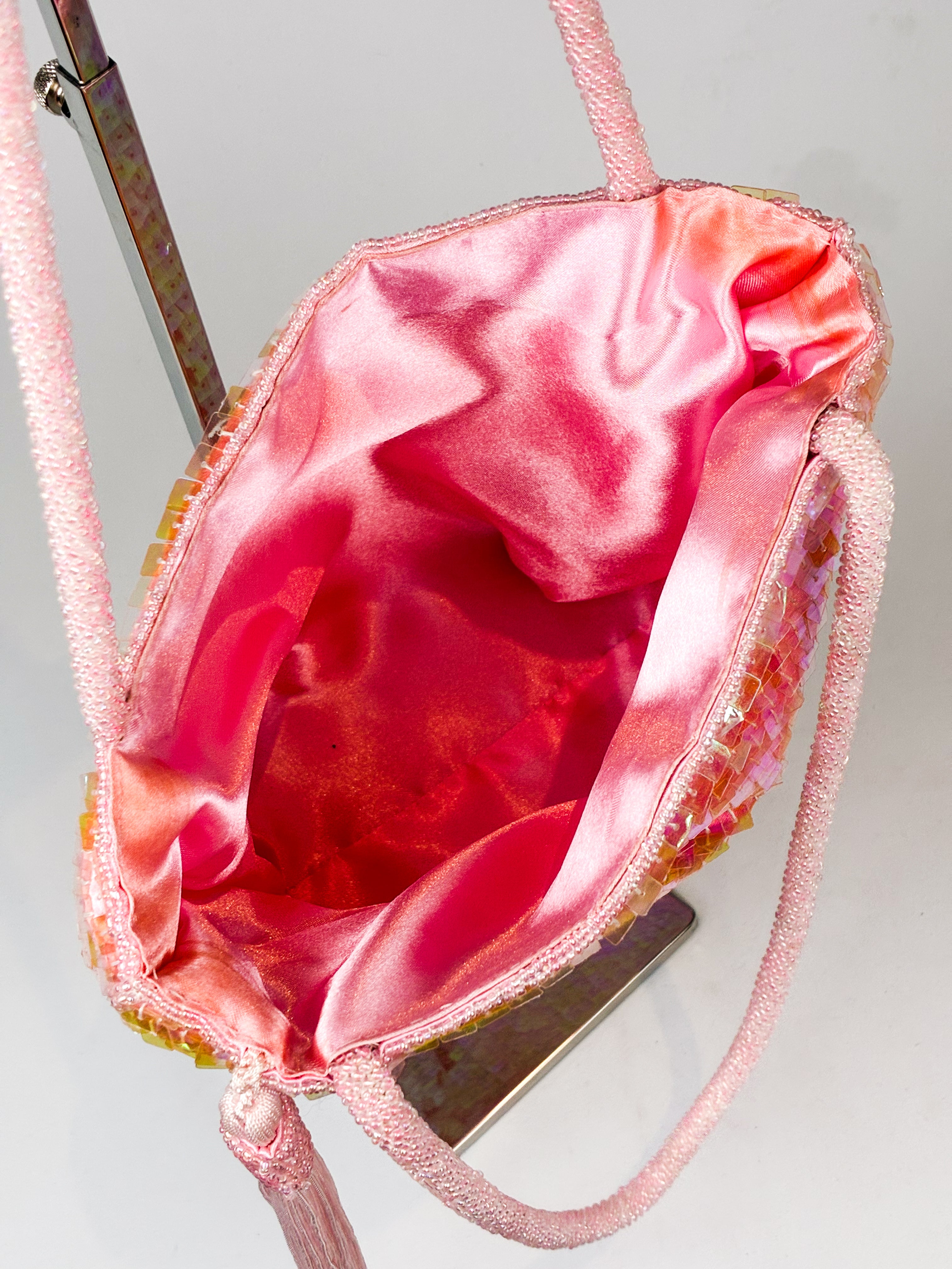 2000s Pink Iridescent Sequin Tassel Bucket Bag