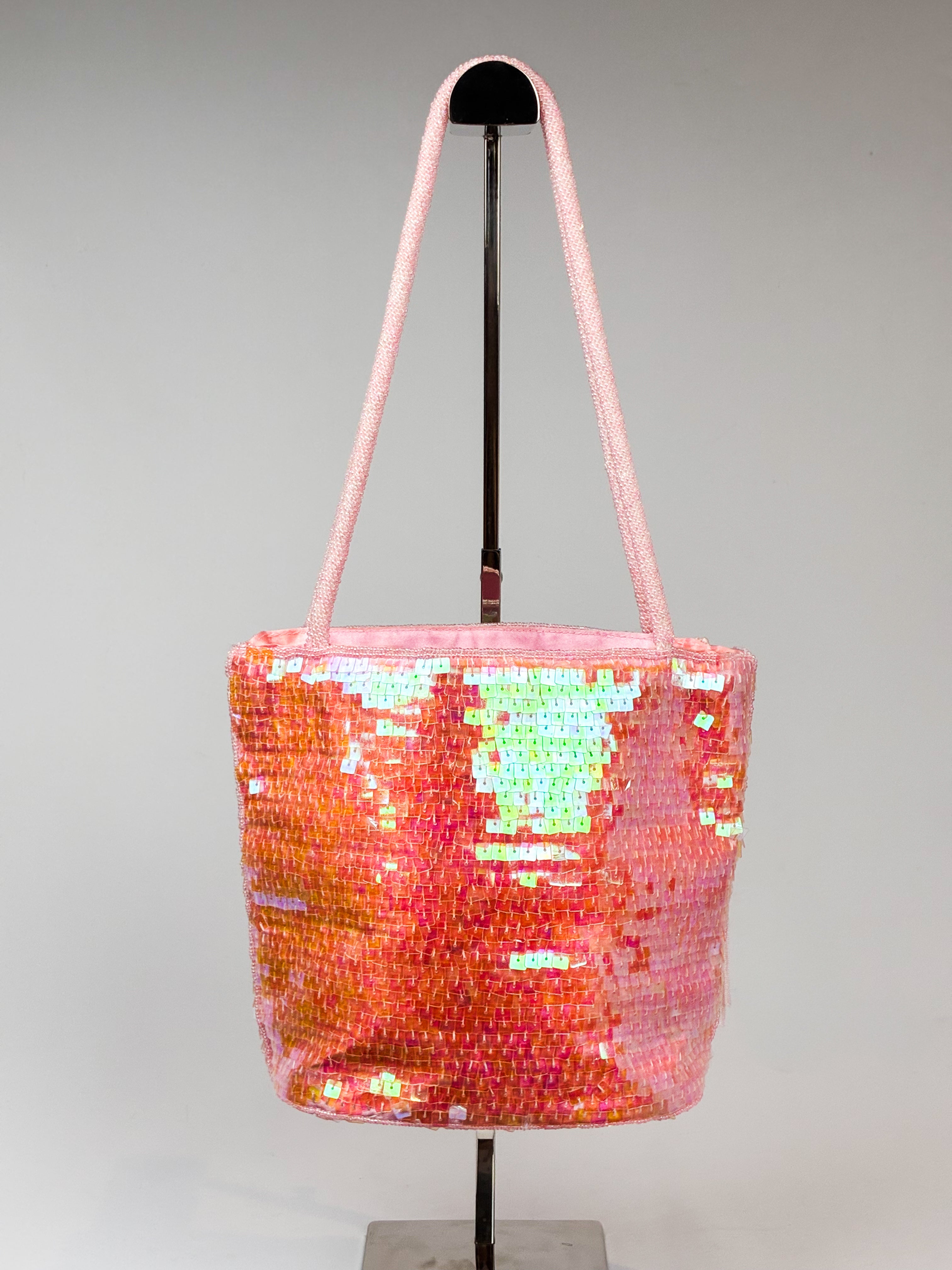 2000s Pink Iridescent Sequin Tassel Bucket Bag