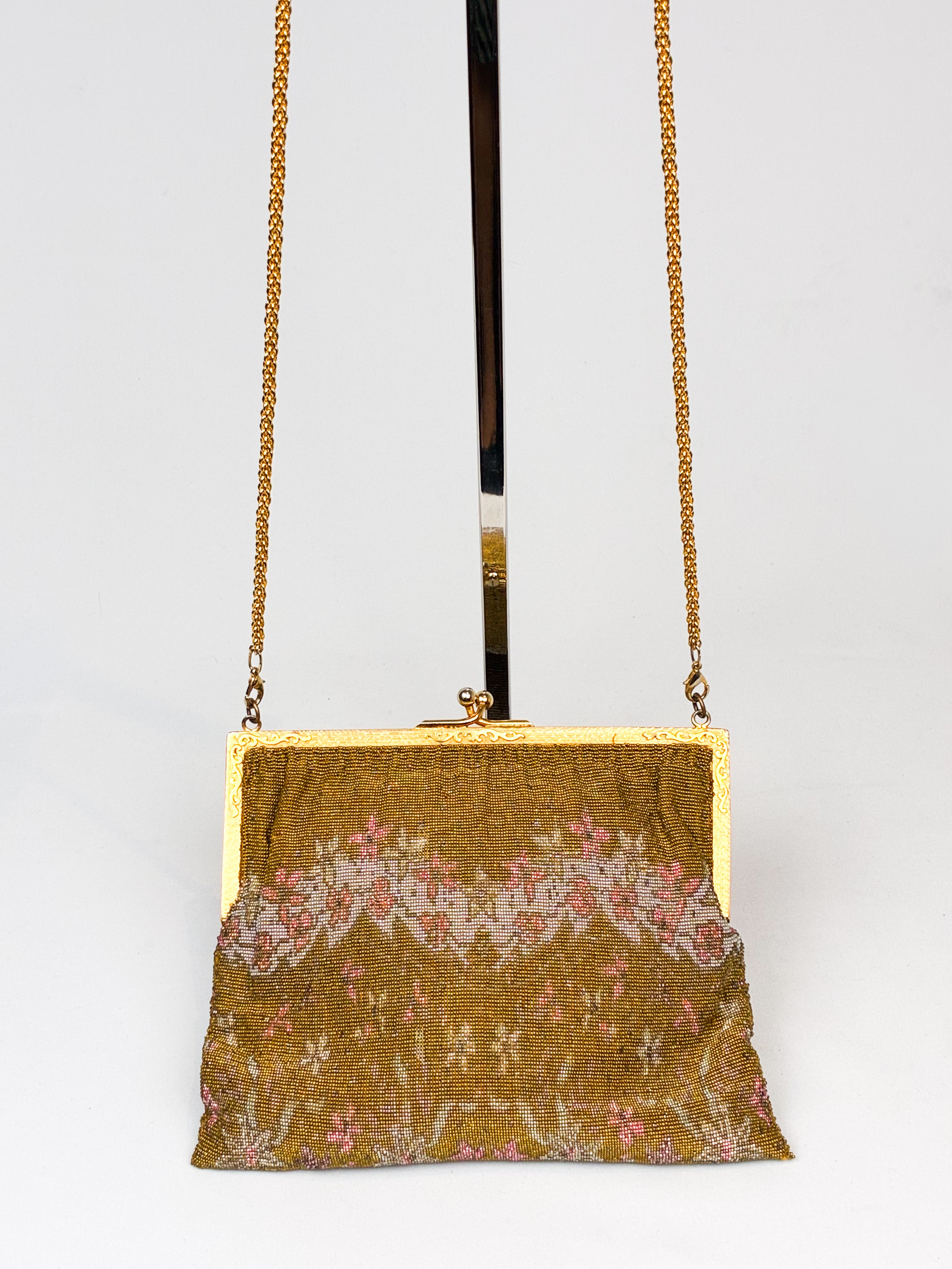 1940s Glass Micro-Bead Gold Frame Evening Bag with Wallet