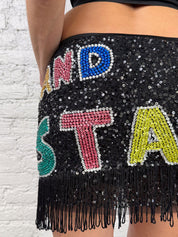 Pinko 2000s “STAR” Black Sequin Mini Skirt with Fringe