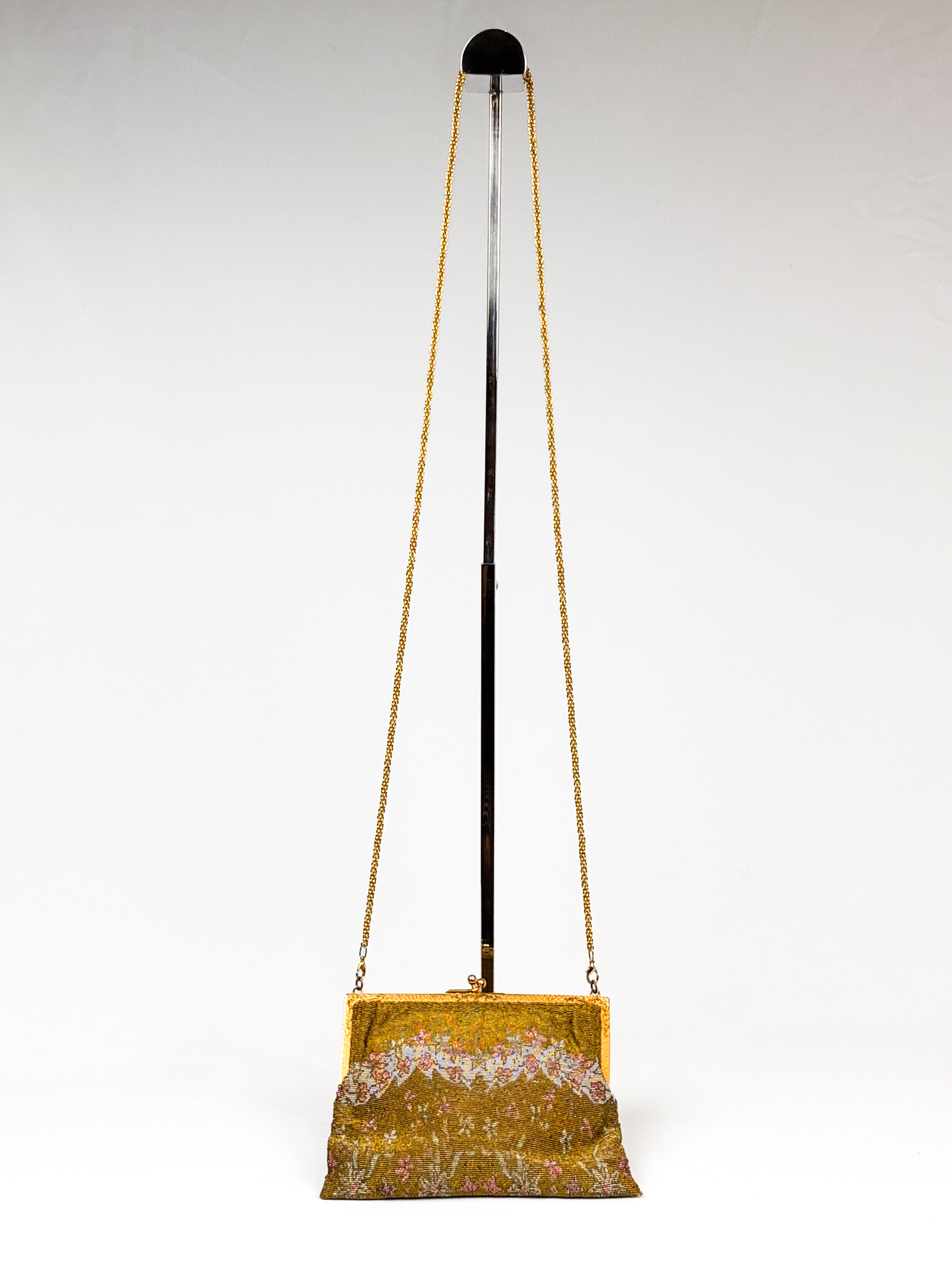 1940s Glass Micro-Bead Gold Frame Evening Bag with Wallet