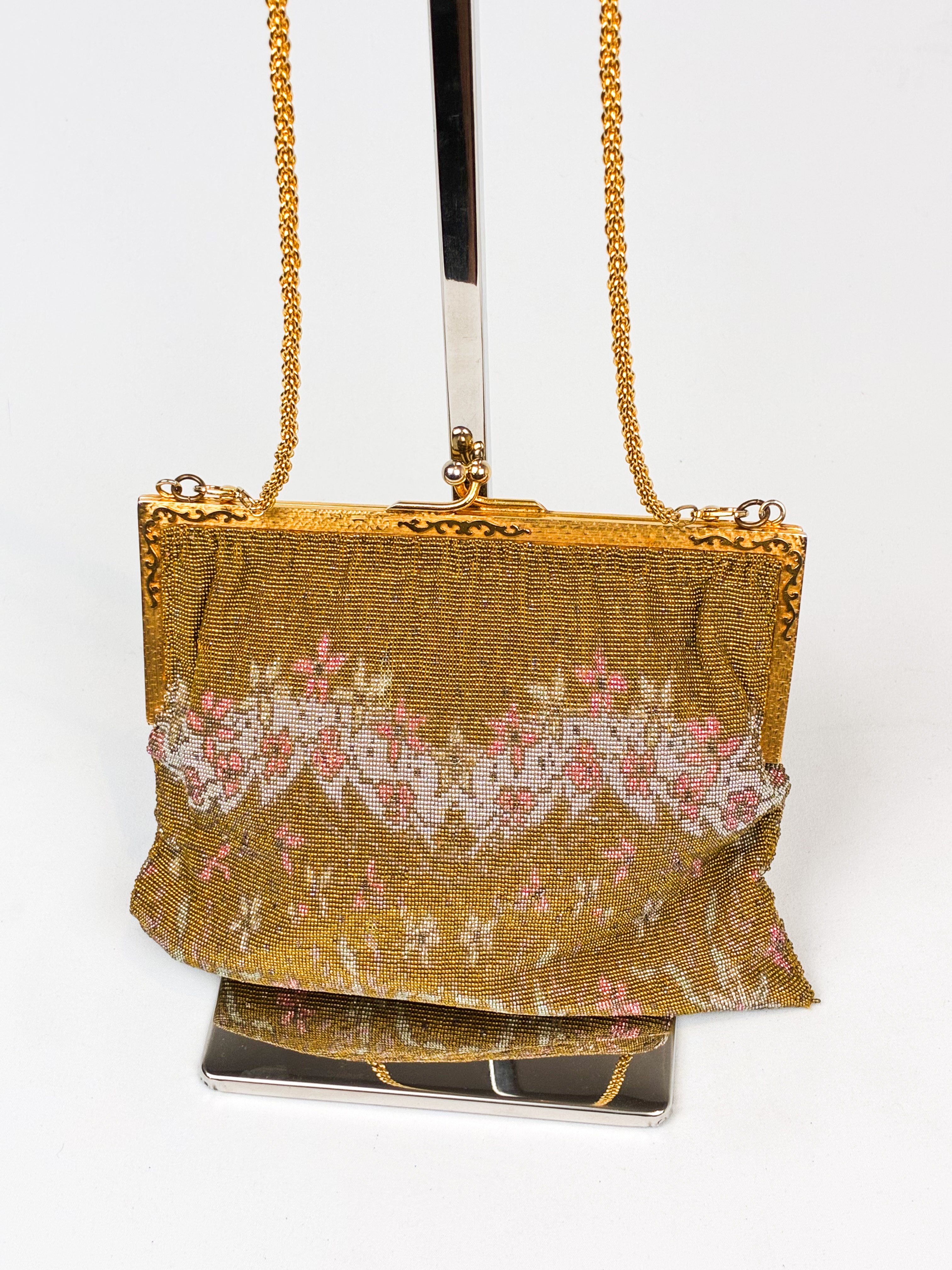 1940s Glass Micro-Bead Gold Frame Evening Bag with Wallet