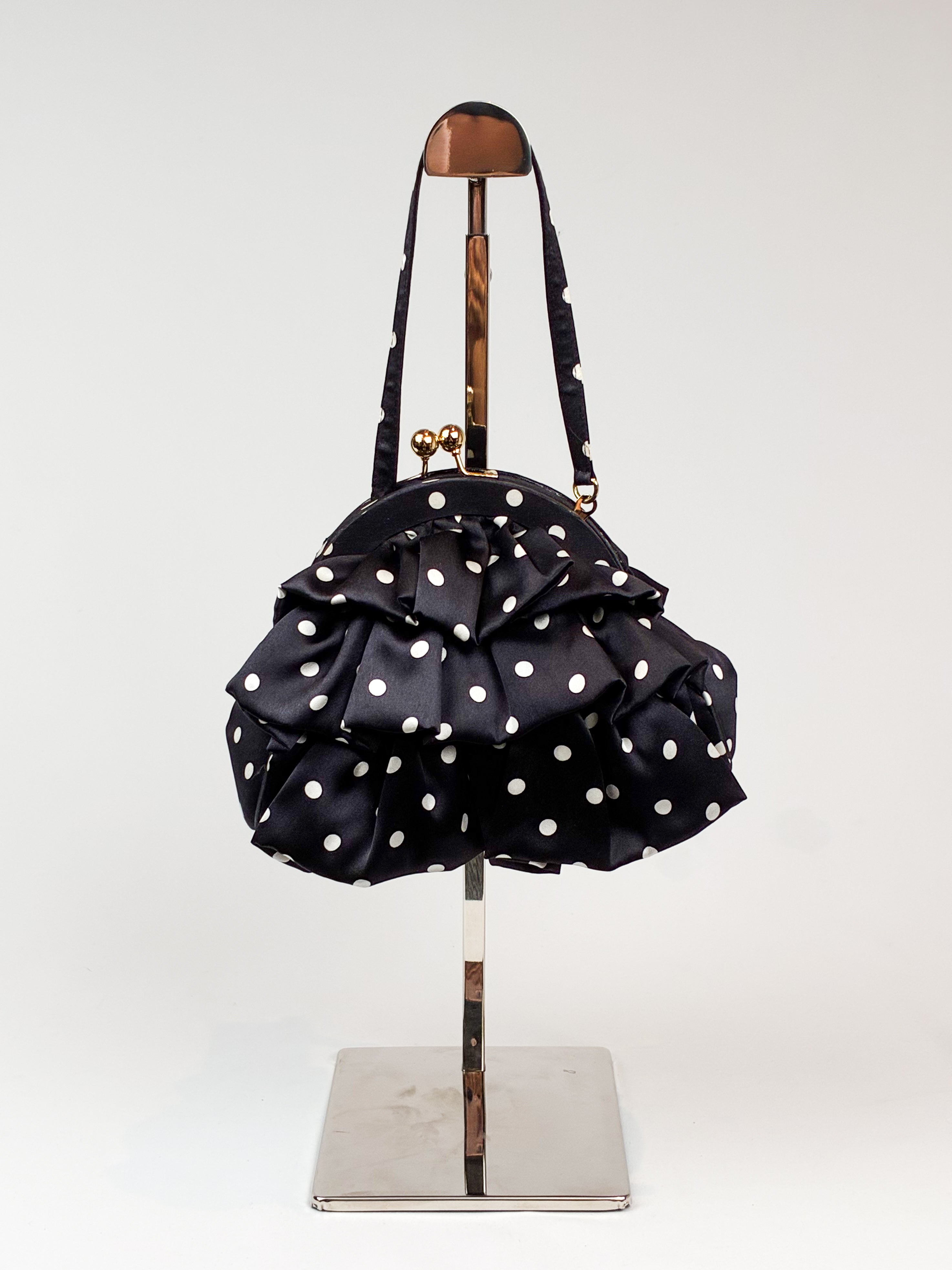 Luisa Spagnoli 2000s Black and White Polka Dot Silk Ruffle Bag