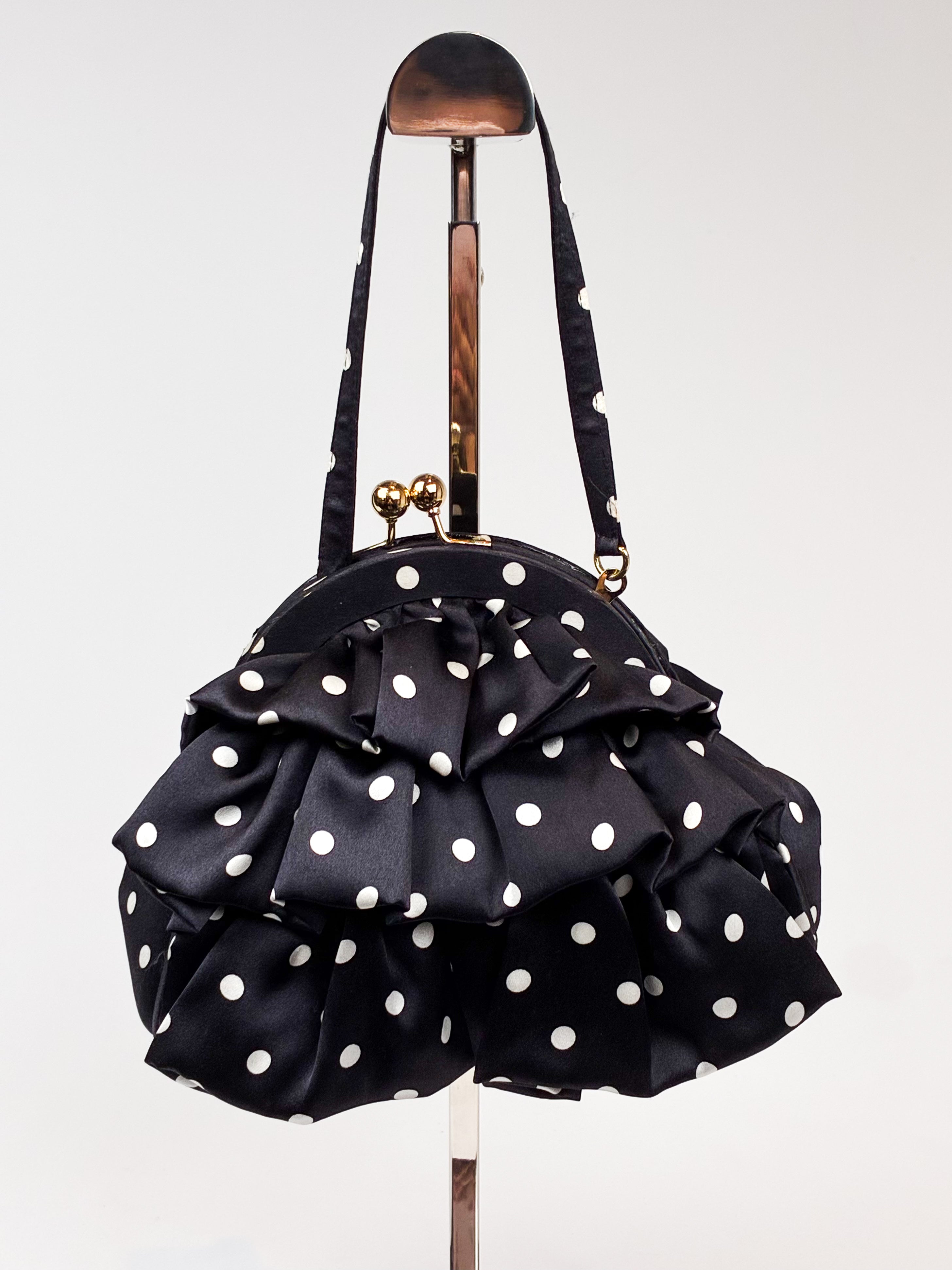 Luisa Spagnoli 2000s Black and White Polka Dot Silk Ruffle Bag