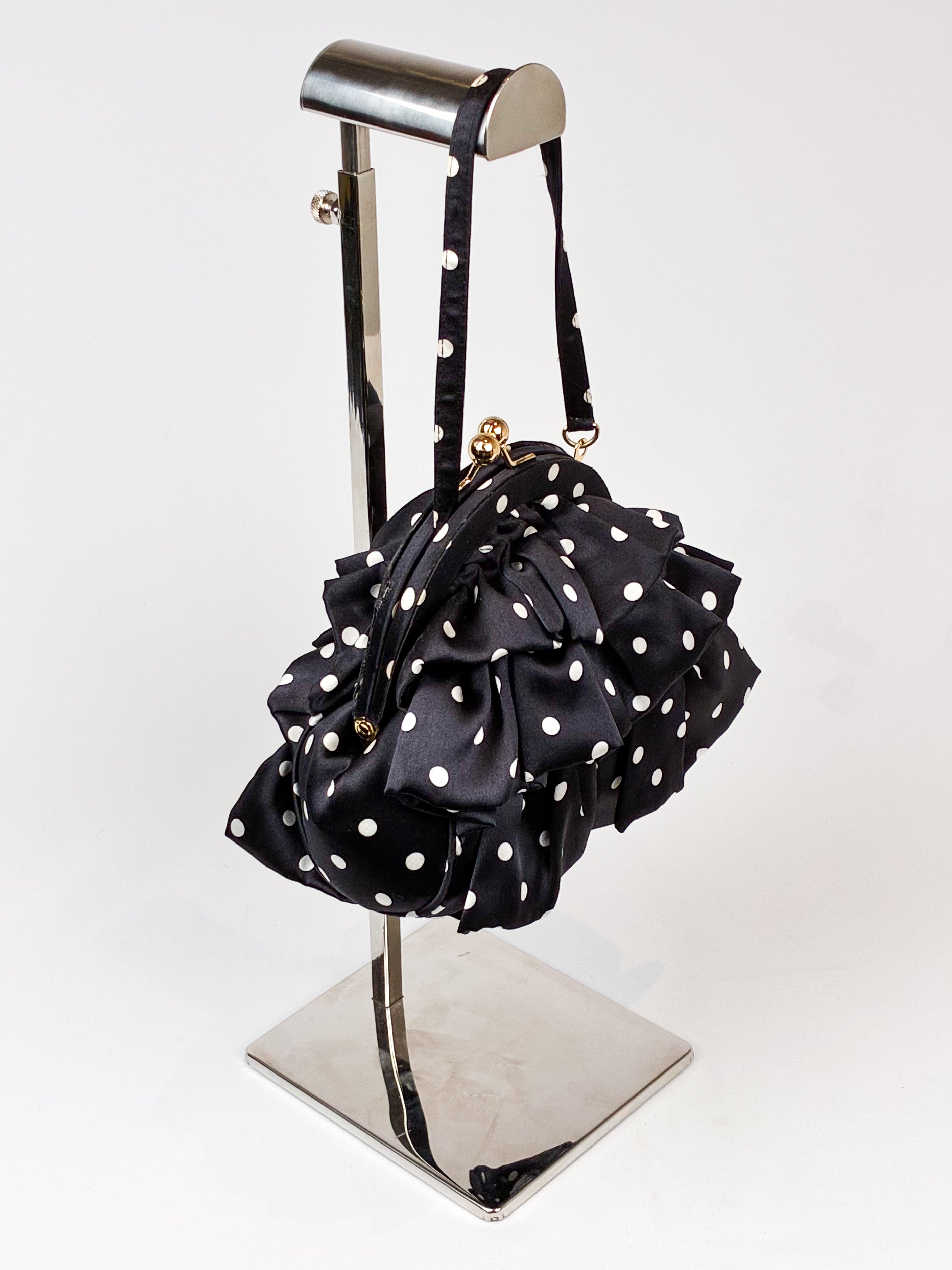 Luisa Spagnoli 2000s Black and White Polka Dot Silk Ruffle Bag