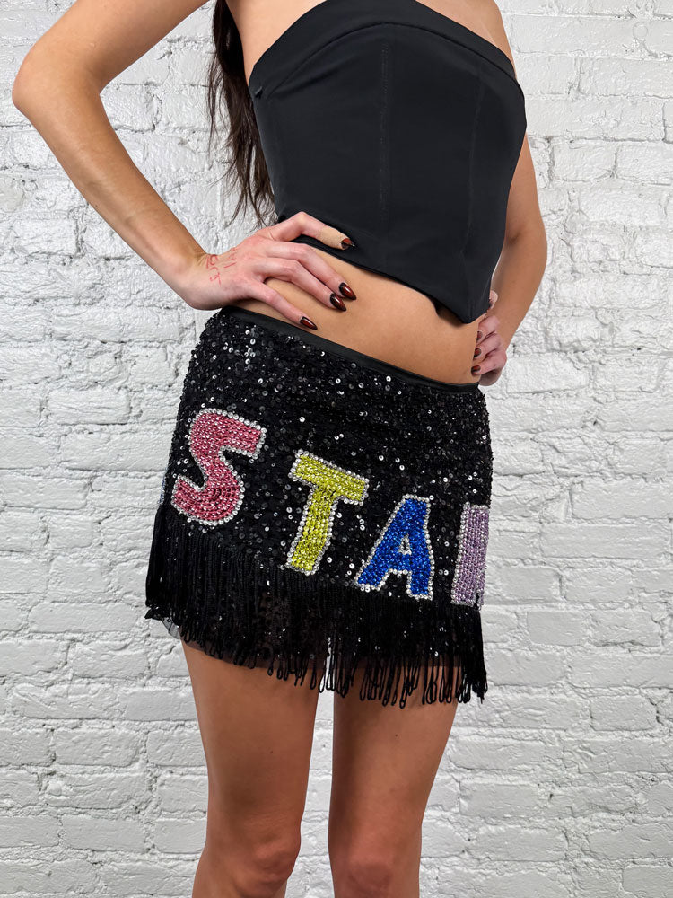 Pinko 2000s “STAR” Black Sequin Mini Skirt with Fringe