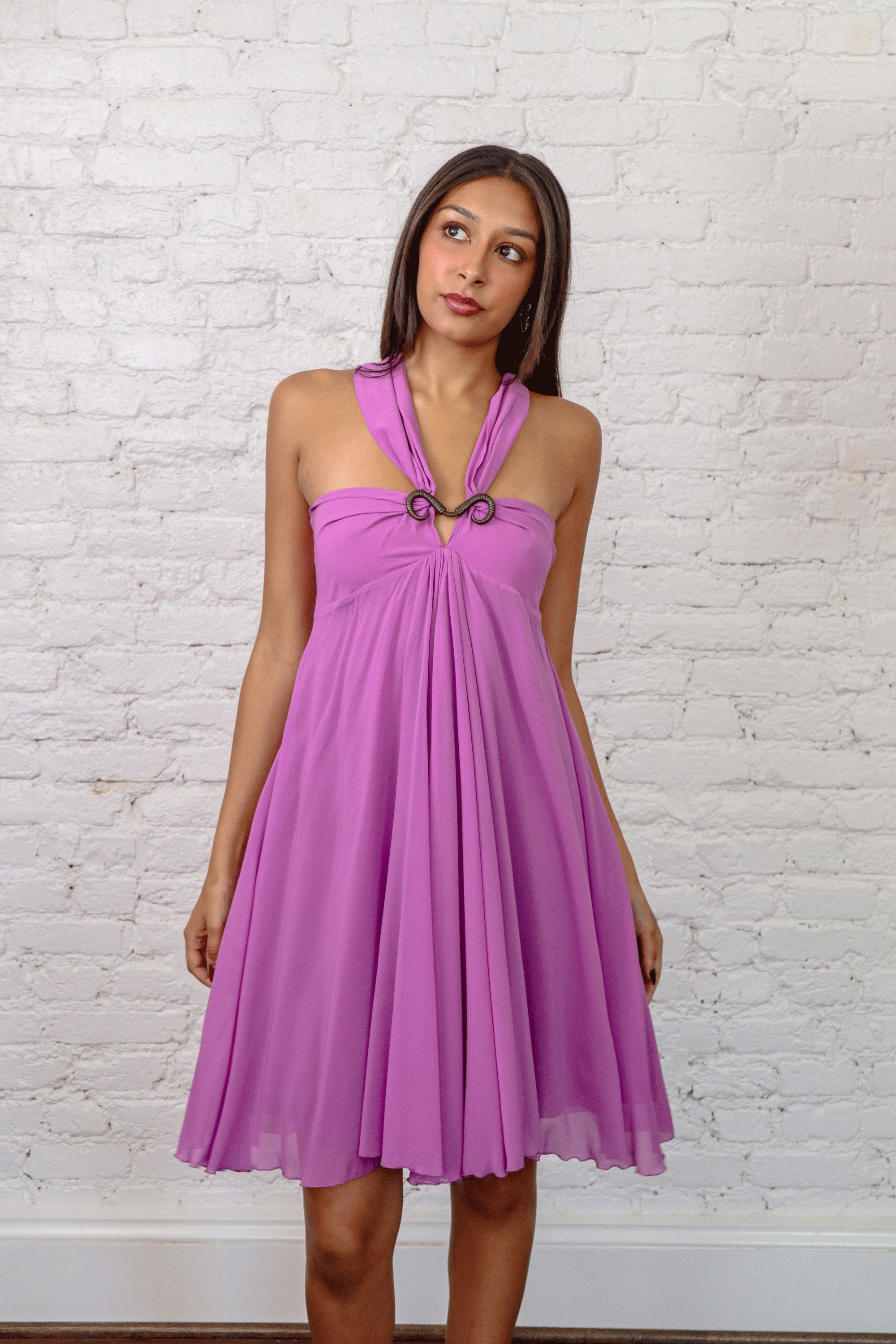 Purple Midi Dress w/ Horns Metal Neckline