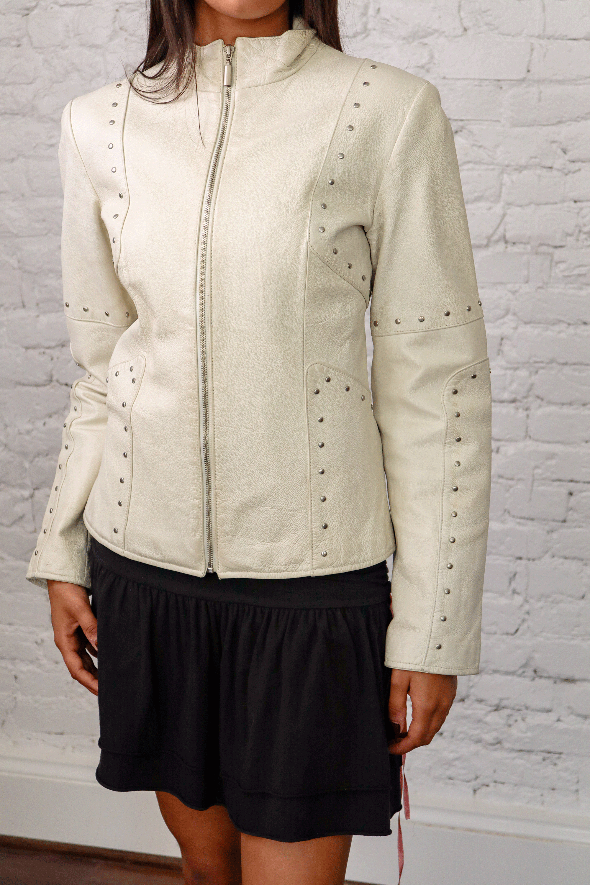White Studded Italian Leather Jacket