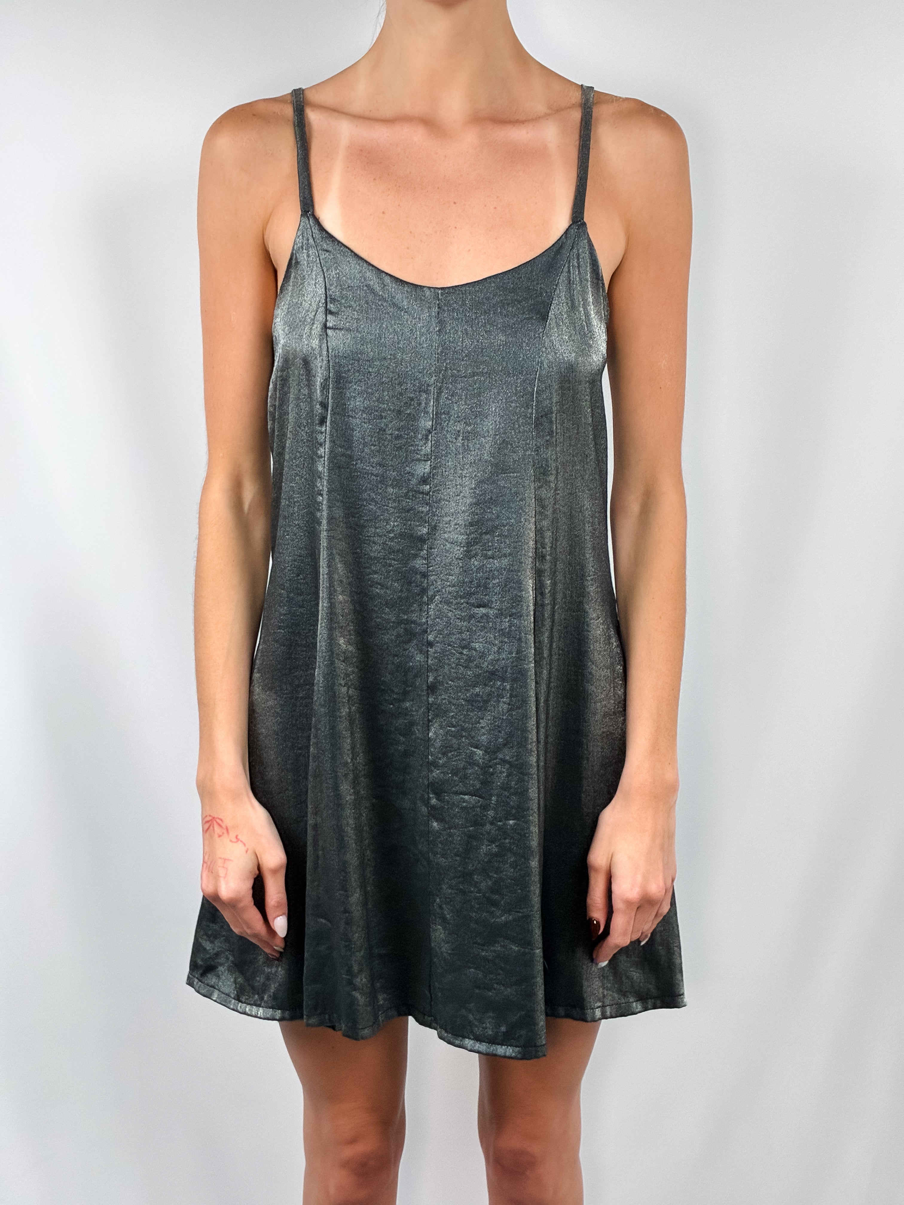 2000s Gunmetal Metallic A-Line Mini Dress - S/M