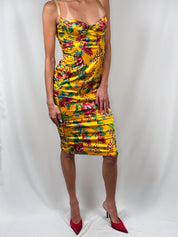 D&G Dolce & Gabbana 2000s Marigold Tropical Floral Ruched Satin Midi Dress - S/M