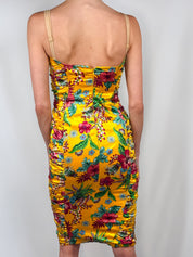 D&G Dolce & Gabbana 2000s Marigold Tropical Floral Ruched Satin Midi Dress - S/M