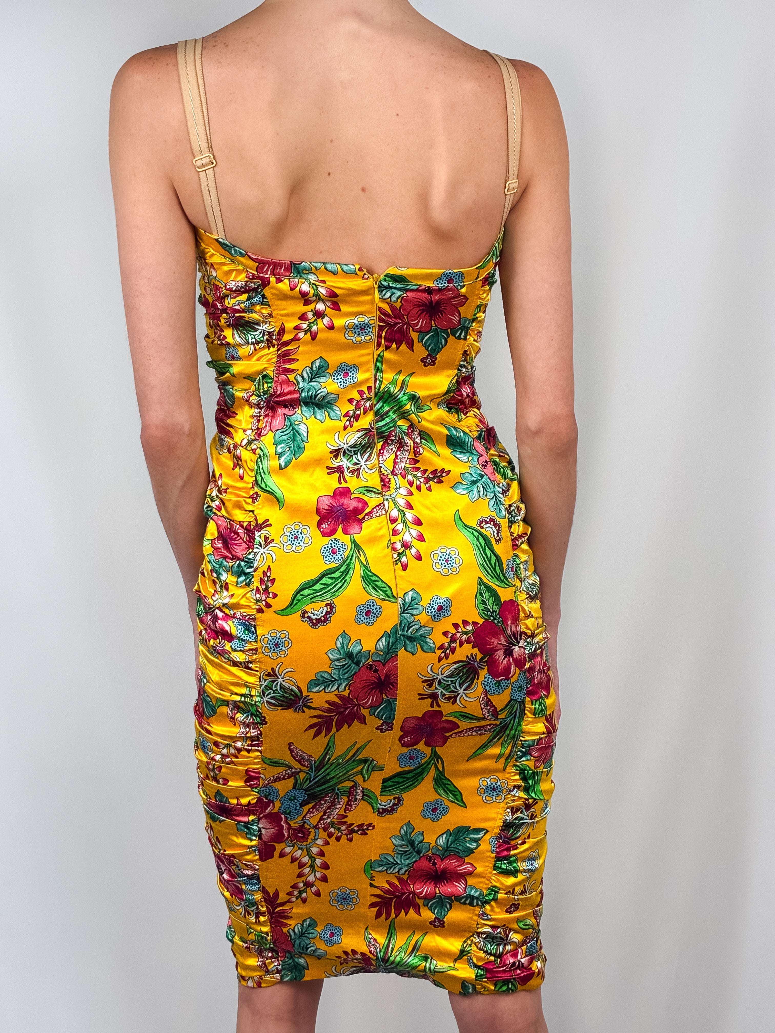 D&G Dolce & Gabbana 2000s Marigold Tropical Floral Ruched Satin Midi Dress - S/M