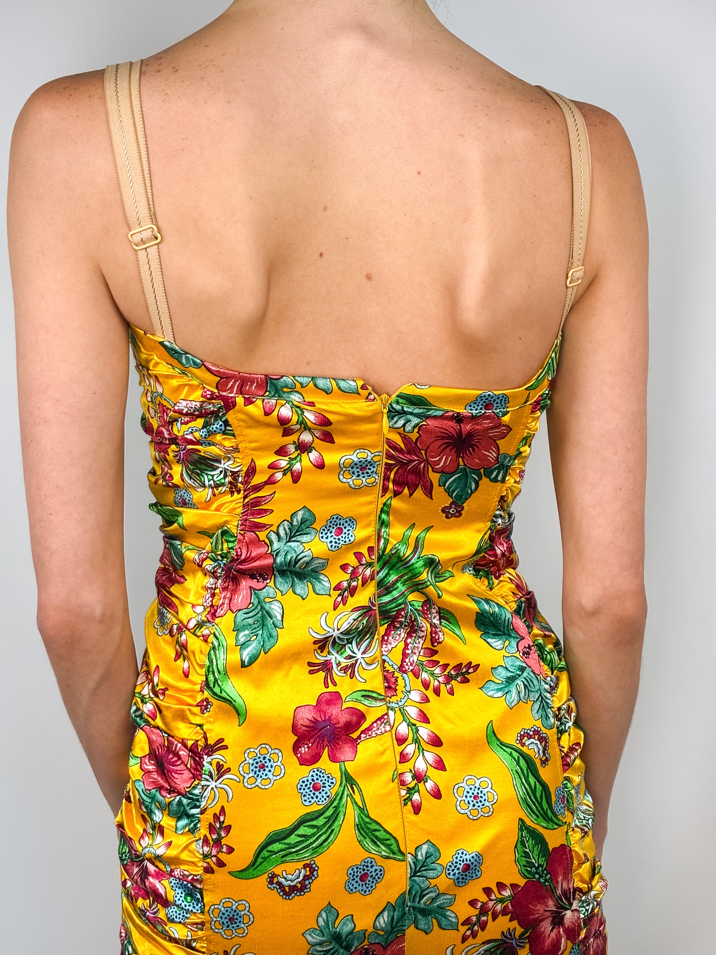 D&G Dolce & Gabbana 2000s Marigold Tropical Floral Ruched Satin Midi Dress - S/M