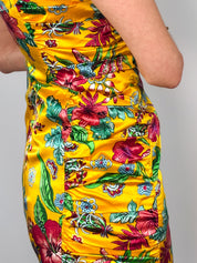 D&G Dolce & Gabbana 2000s Marigold Tropical Floral Ruched Satin Midi Dress - S/M