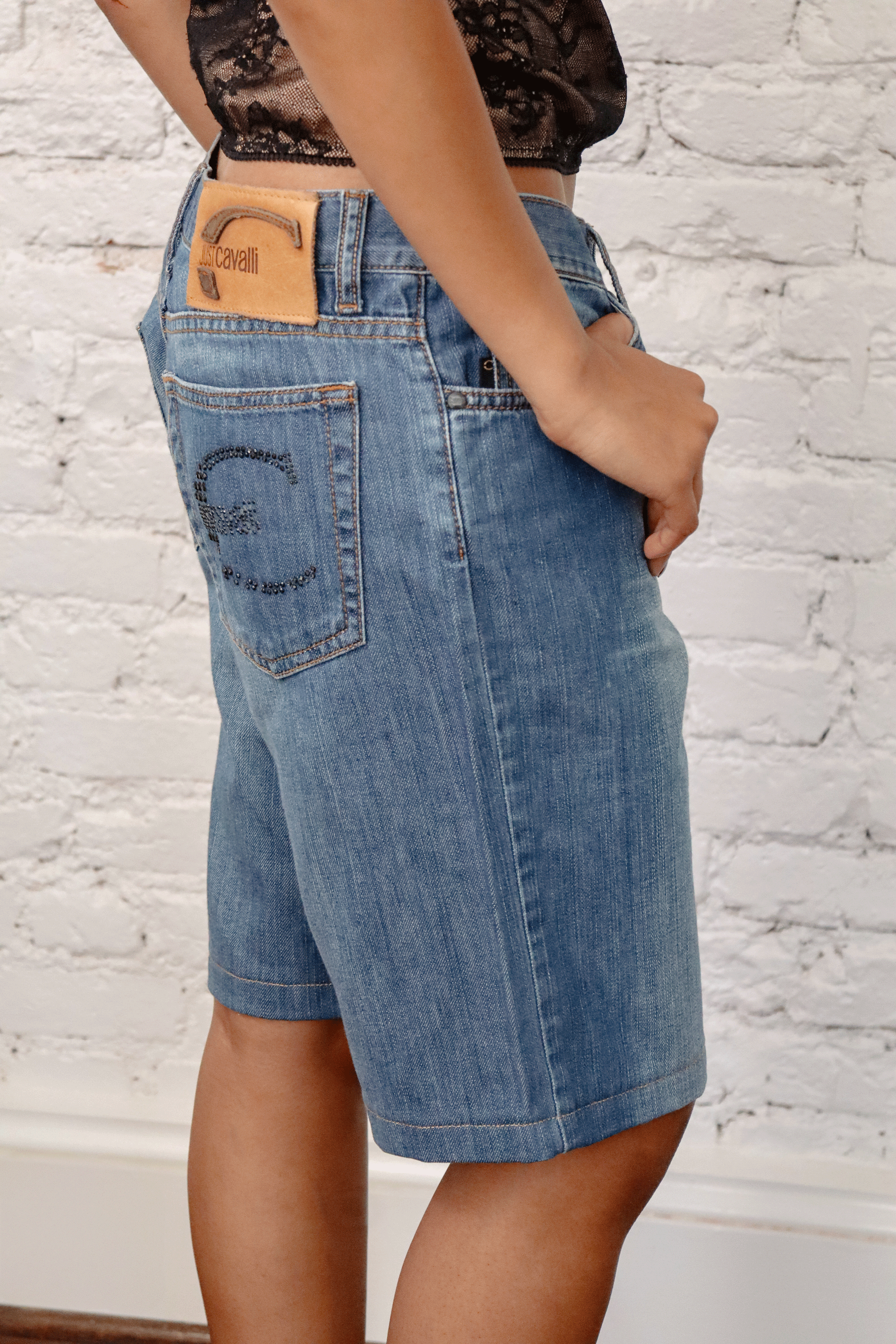 Just Cavalli Crystal Logo Denim Shorts