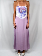 2000s Lilac Airbrushed Rose Strapless Gown - M