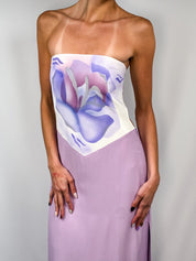 2000s Lilac Airbrushed Rose Strapless Gown - M