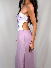 2000s Lilac Airbrushed Rose Strapless Gown - M