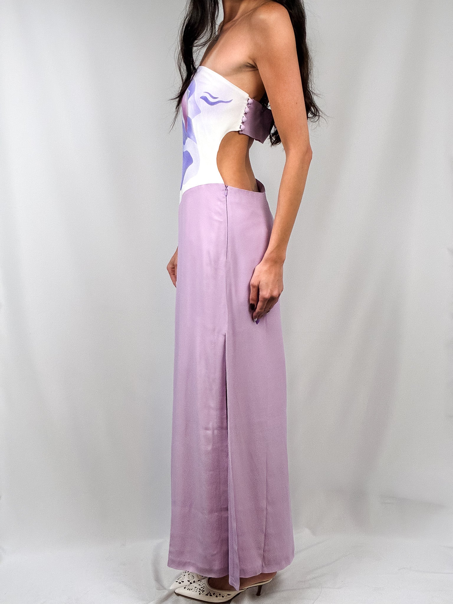 2000s Lilac Airbrushed Rose Strapless Gown - M