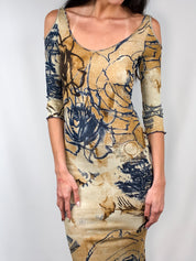 Class Roberto Cavalli 2000s Beige Floral Tattoo Print Cold-Shoulder Maxi Dress - S-L