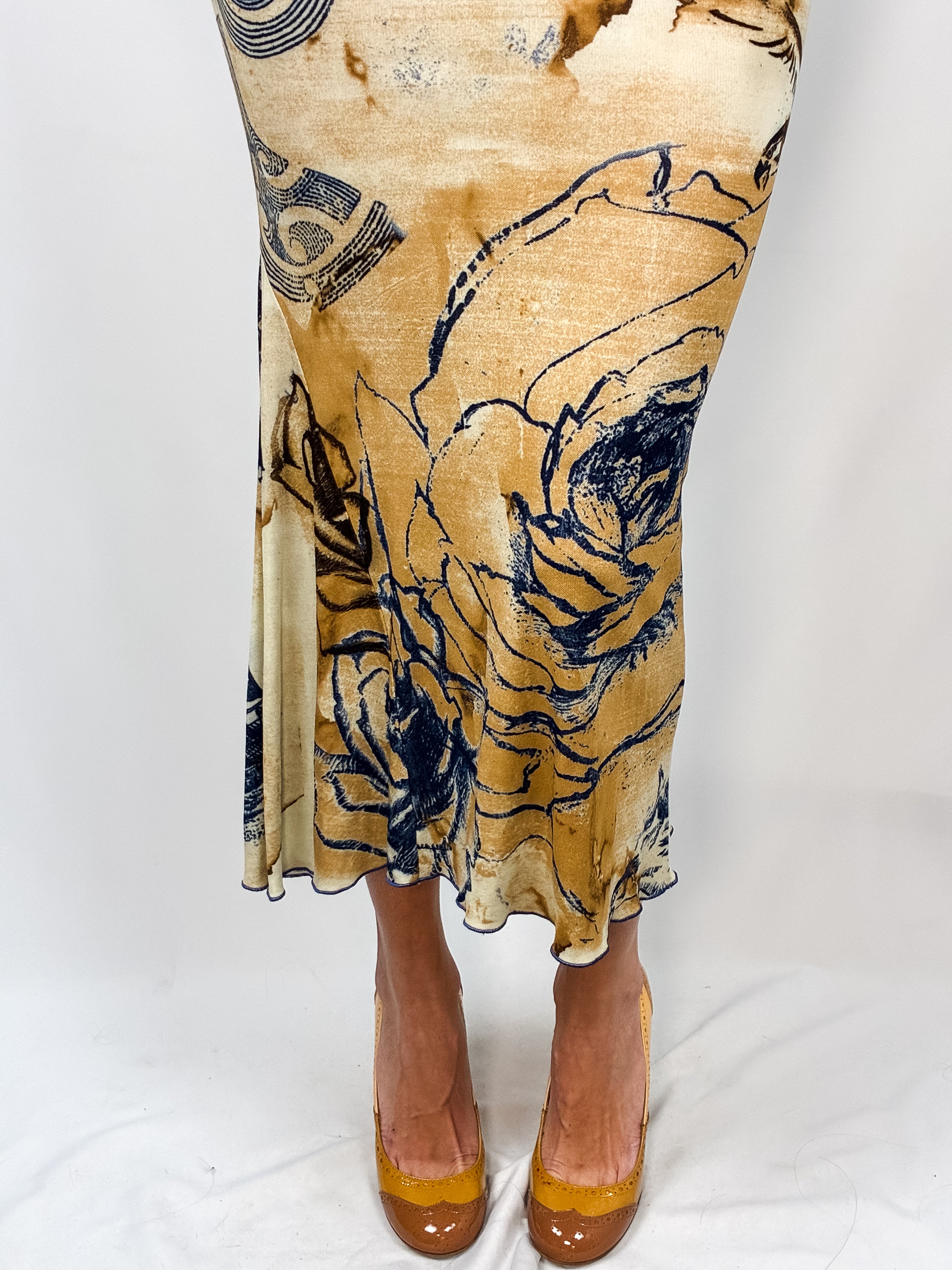 Class Roberto Cavalli 2000s Beige Floral Tattoo Print Cold-Shoulder Maxi Dress - S-L