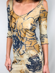 Class Roberto Cavalli 2000s Beige Floral Tattoo Print Cold-Shoulder Maxi Dress - S-L