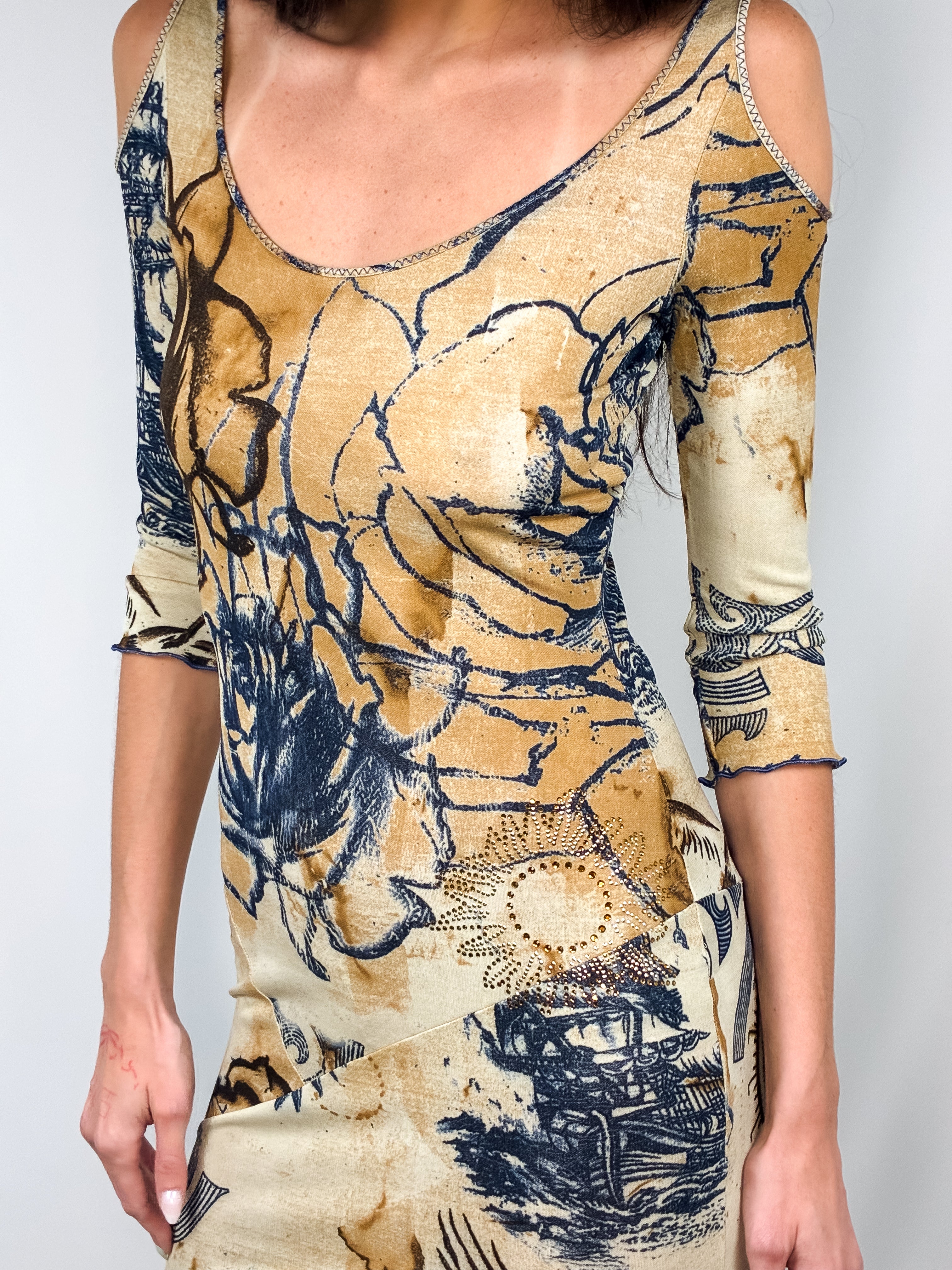 Class Roberto Cavalli 2000s Beige Floral Tattoo Print Cold-Shoulder Maxi Dress - S-L