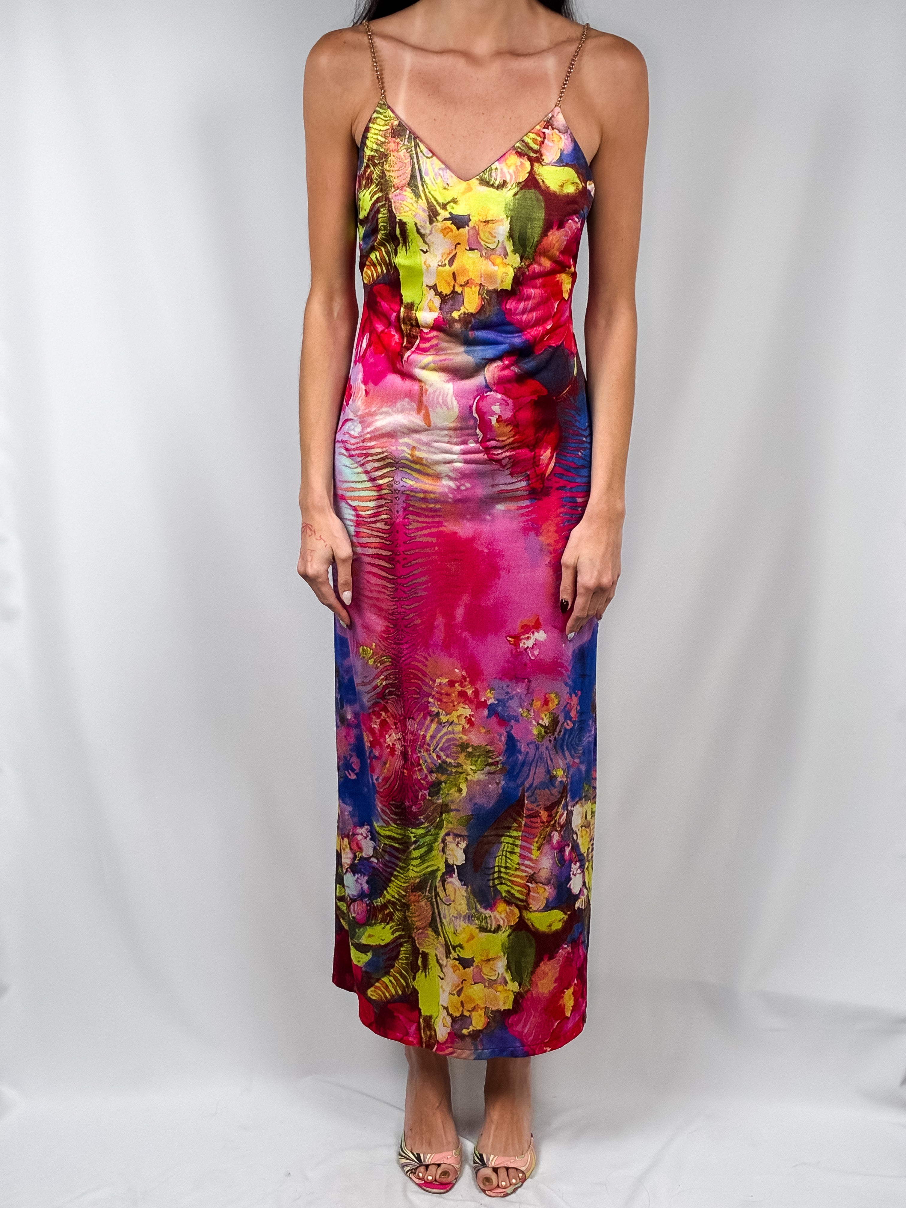 Class Roberto Cavalli 2000s Watercolor Floral Crystal-Strap Satin Maxi Dress - S/M