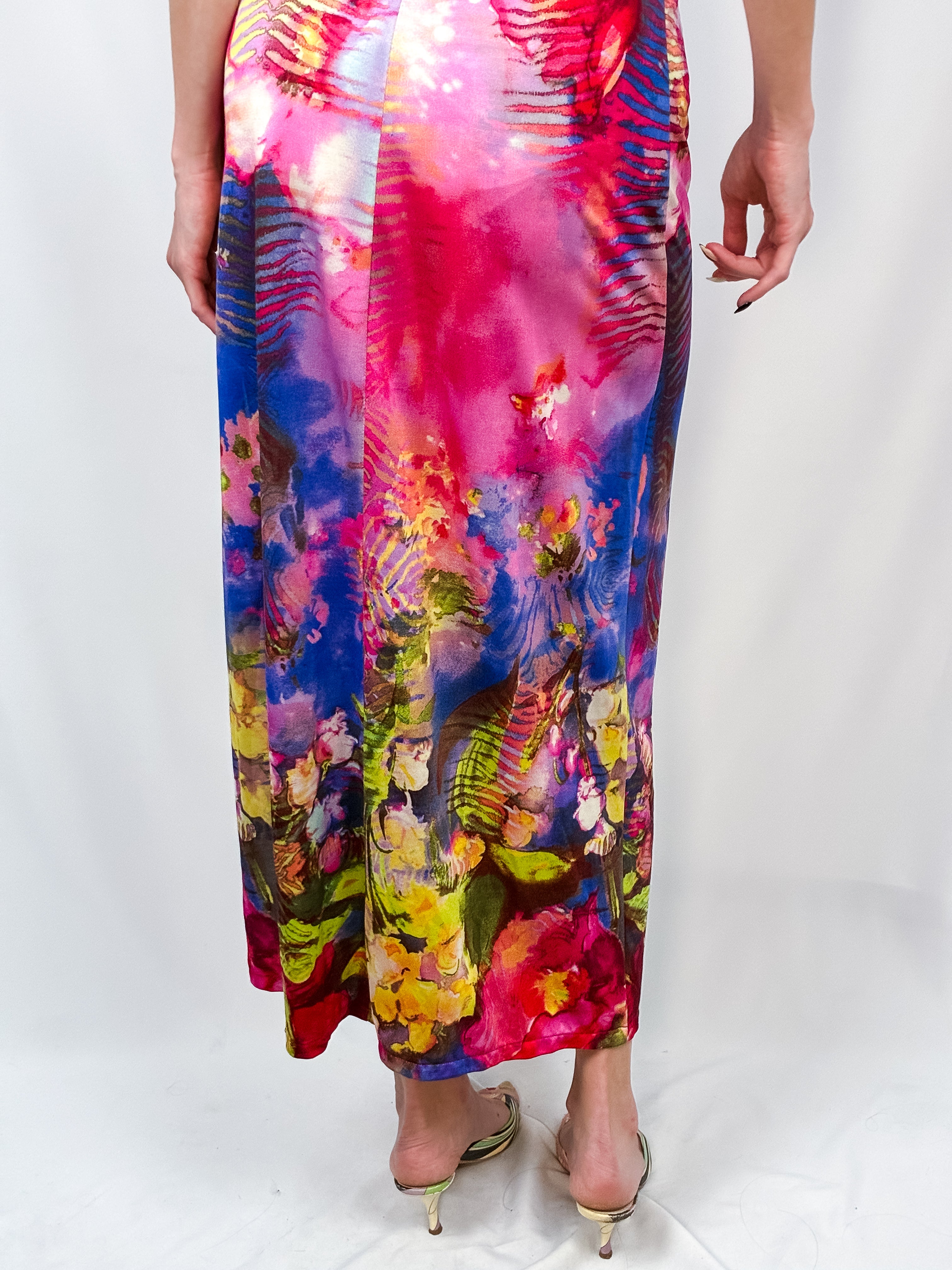 Class Roberto Cavalli 2000s Watercolor Floral Crystal-Strap Satin Maxi Dress - S/M