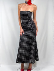 Jessica McClintock for Gunne Sax 1990s Black Polka Dot Mermaid Gown with Rose Choker - XS/S