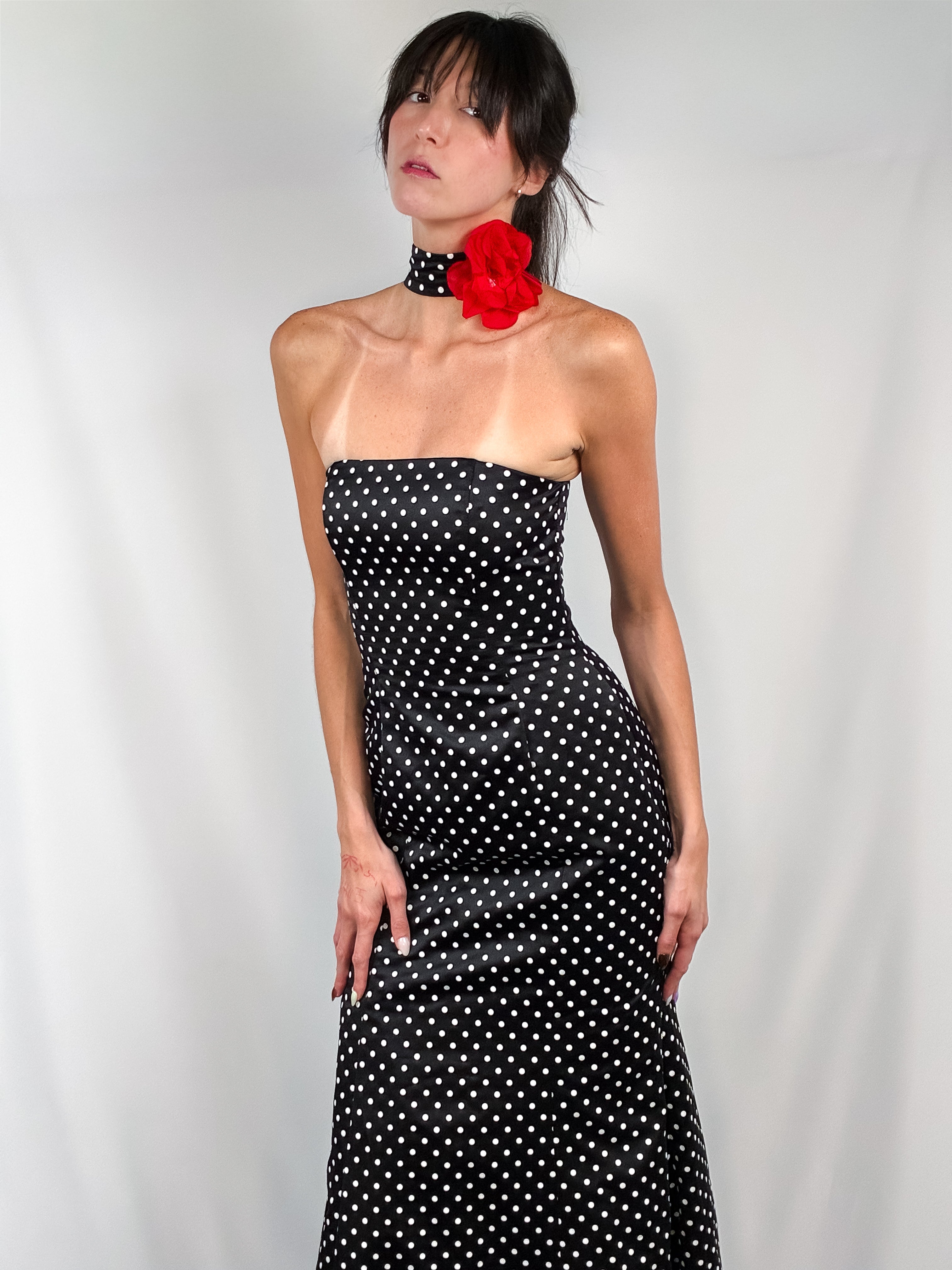 Jessica McClintock for Gunne Sax 1990s Black Polka Dot Mermaid Gown with Rose Choker - XS/S
