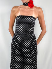 Jessica McClintock for Gunne Sax 1990s Black Polka Dot Mermaid Gown with Rose Choker - XS/S