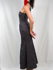 Jessica McClintock for Gunne Sax 1990s Black Polka Dot Mermaid Gown with Rose Choker - XS/S